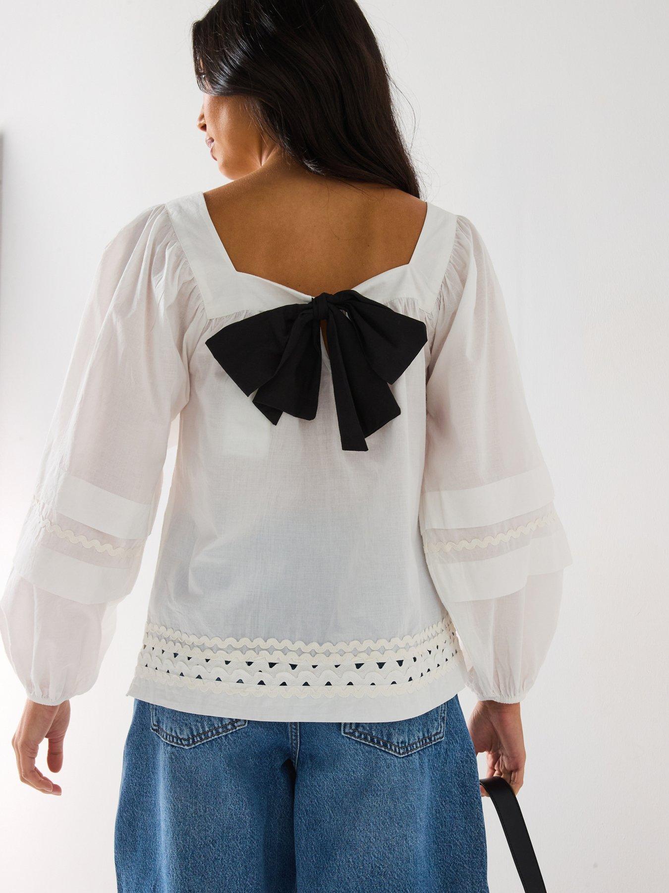 v-by-very-square-neck-blouson-sleeve-tie-back-white