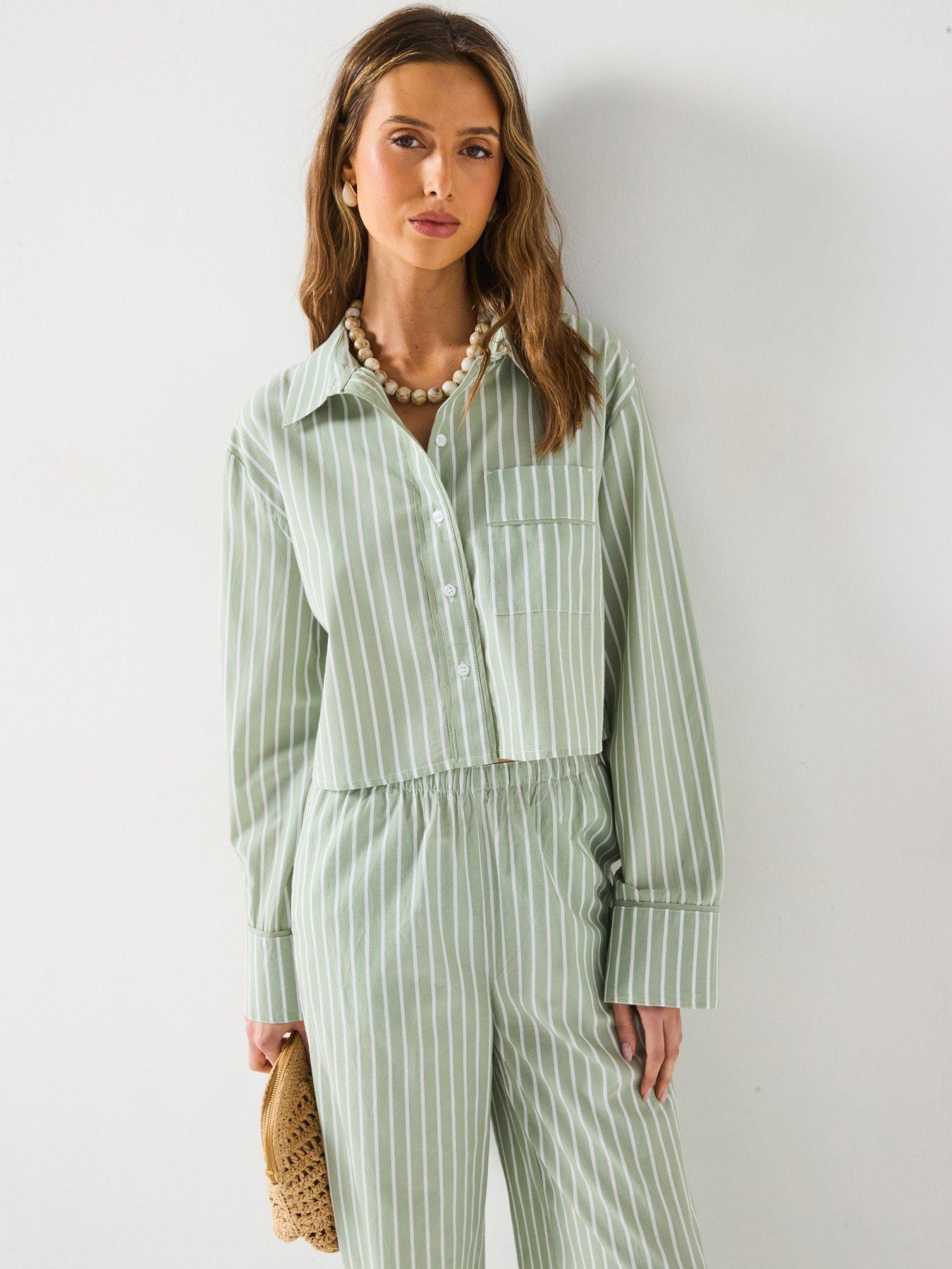Image 4 of 6 of V by Very Crop Stripe Shirt Co-Ord - Green