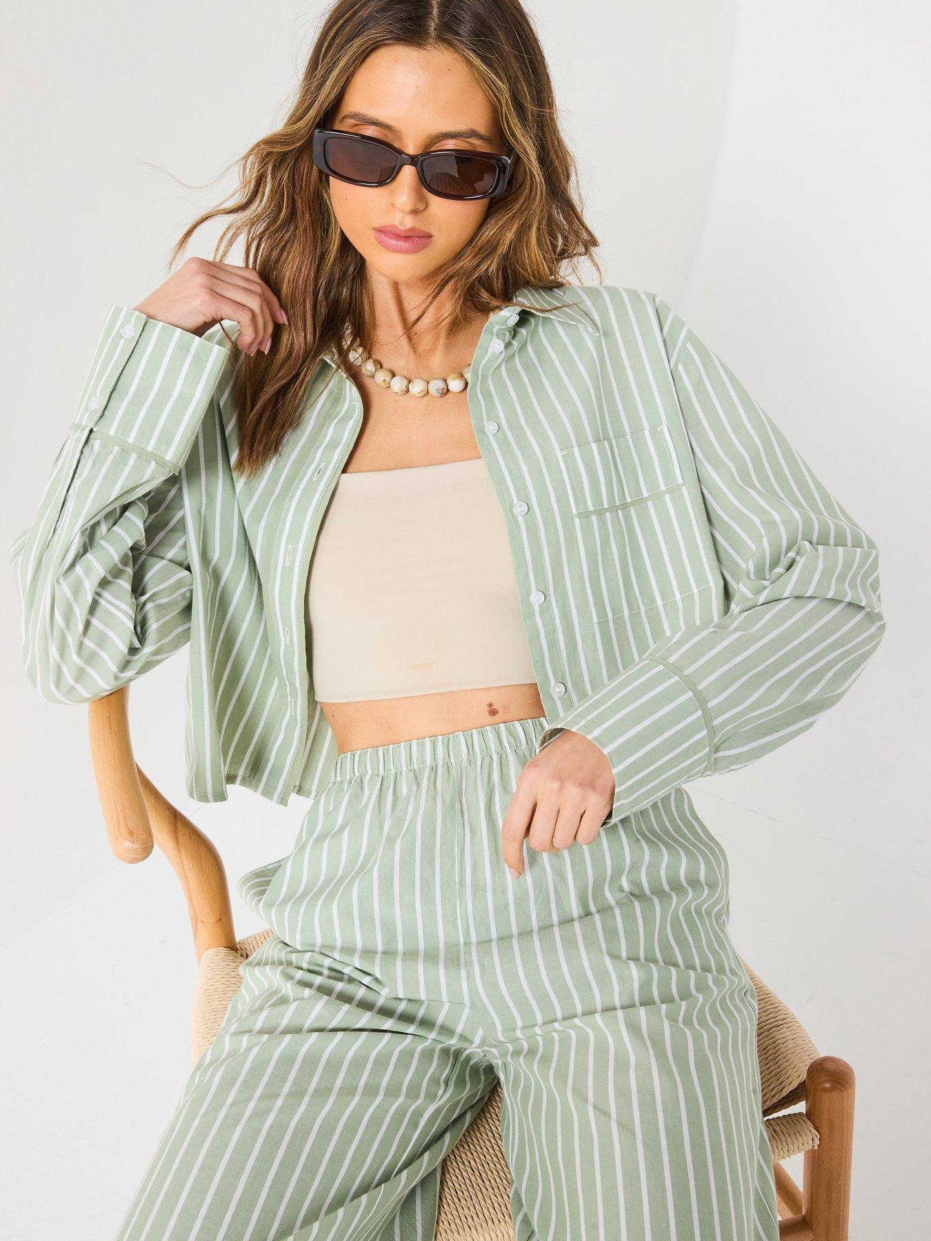 Image 6 of 6 of V by Very Crop Stripe Shirt Co-Ord - Green