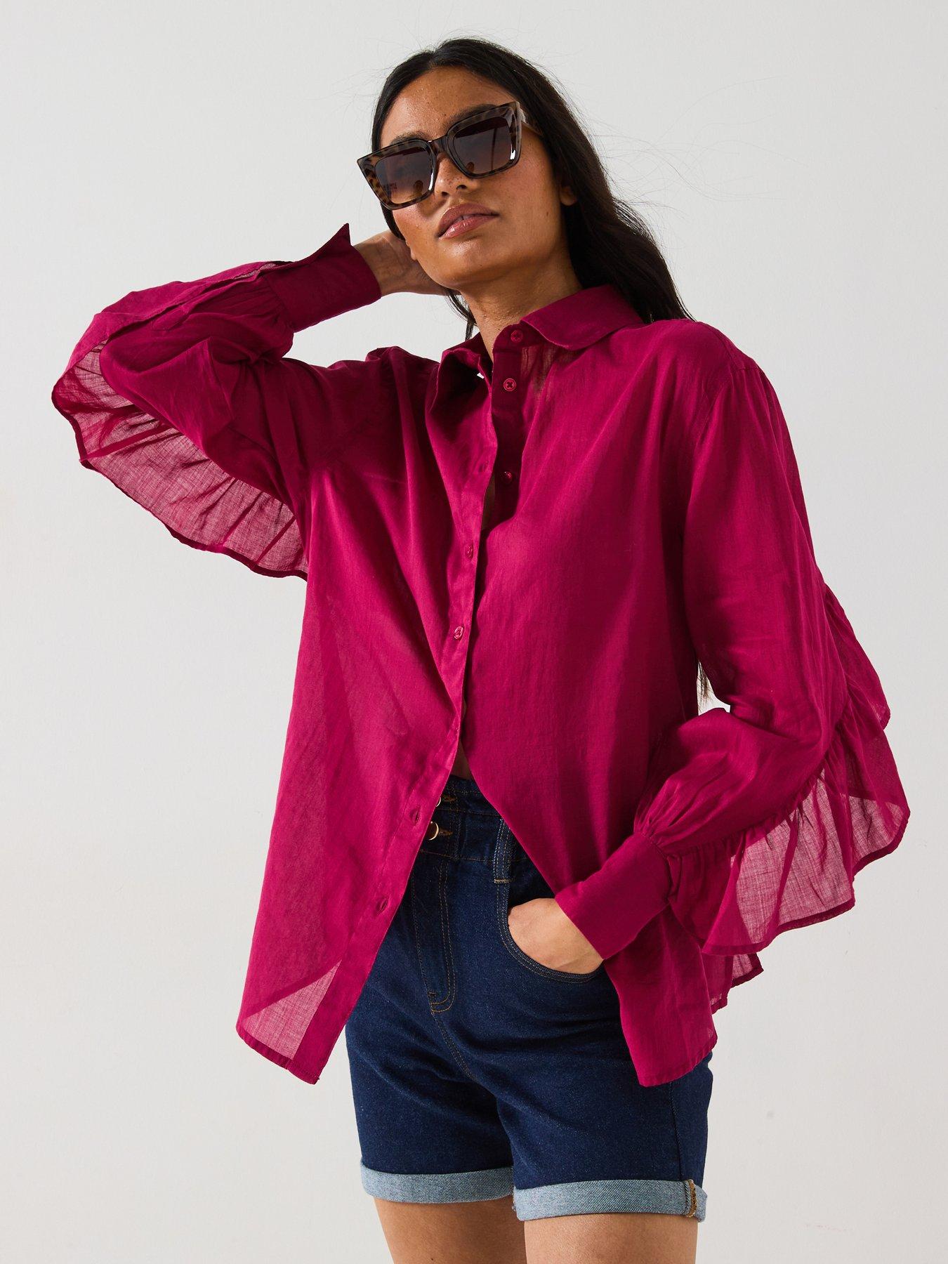 Image 1 of 6 of V by Very Frill Sleeve Rami Oversized Blouse - Purple