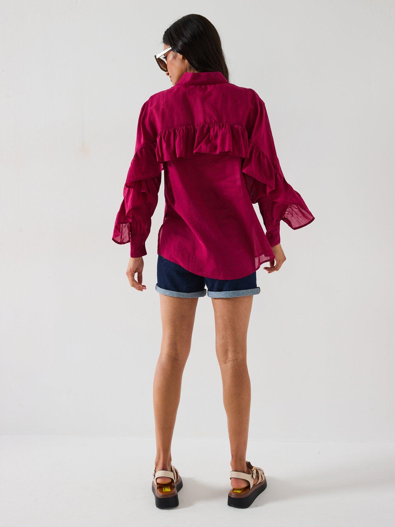 Image 2 of 6 of V by Very Frill Sleeve Rami Oversized Blouse - Purple