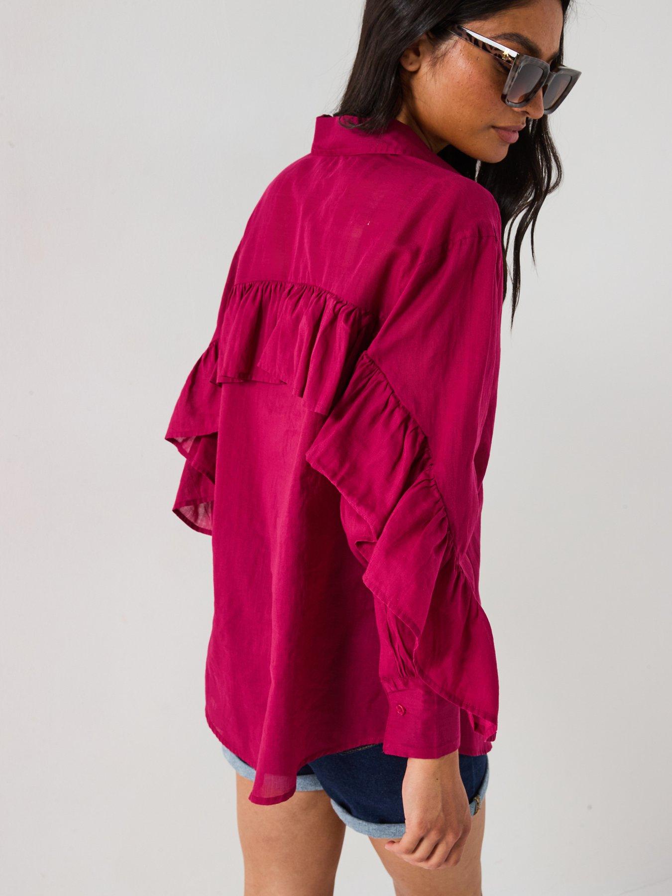 Image 4 of 6 of V by Very Frill Sleeve Rami Oversized Blouse - Purple