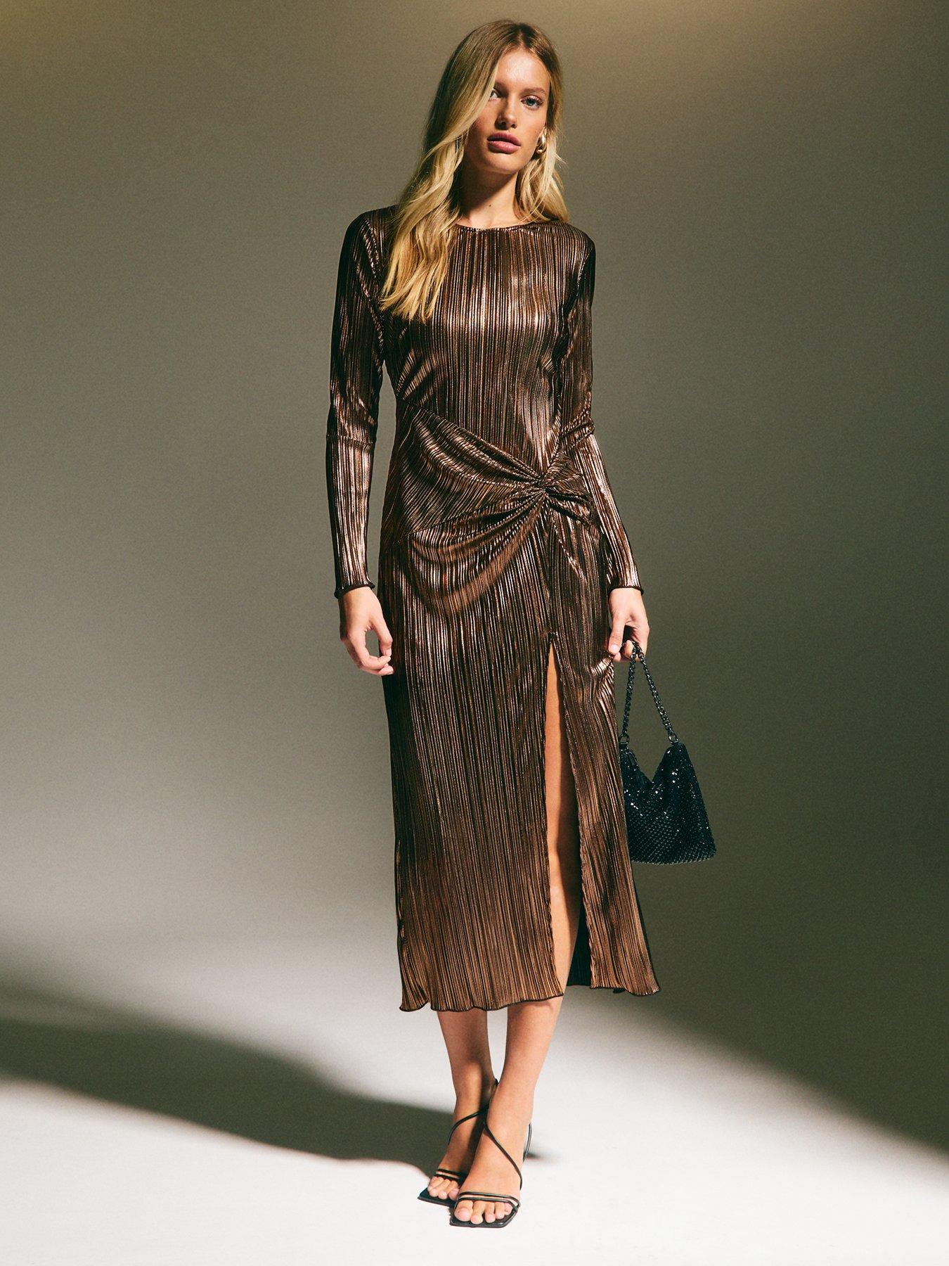 New Look Bronze Knotted Metallic Plisse Midaxi Dress - Brown | Very Ireland