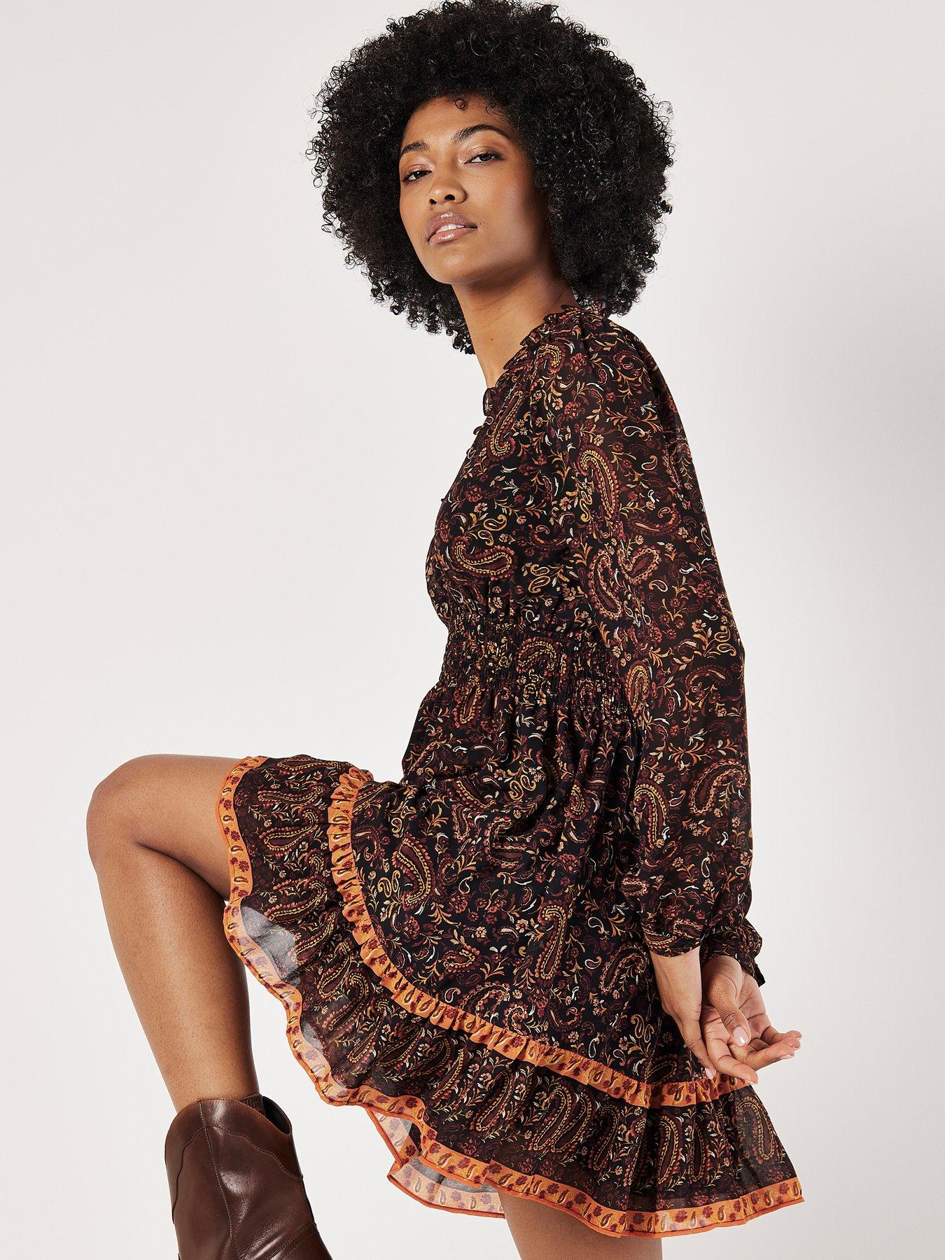 apricot-paisley-border-ruffle-dress-blackoutfit