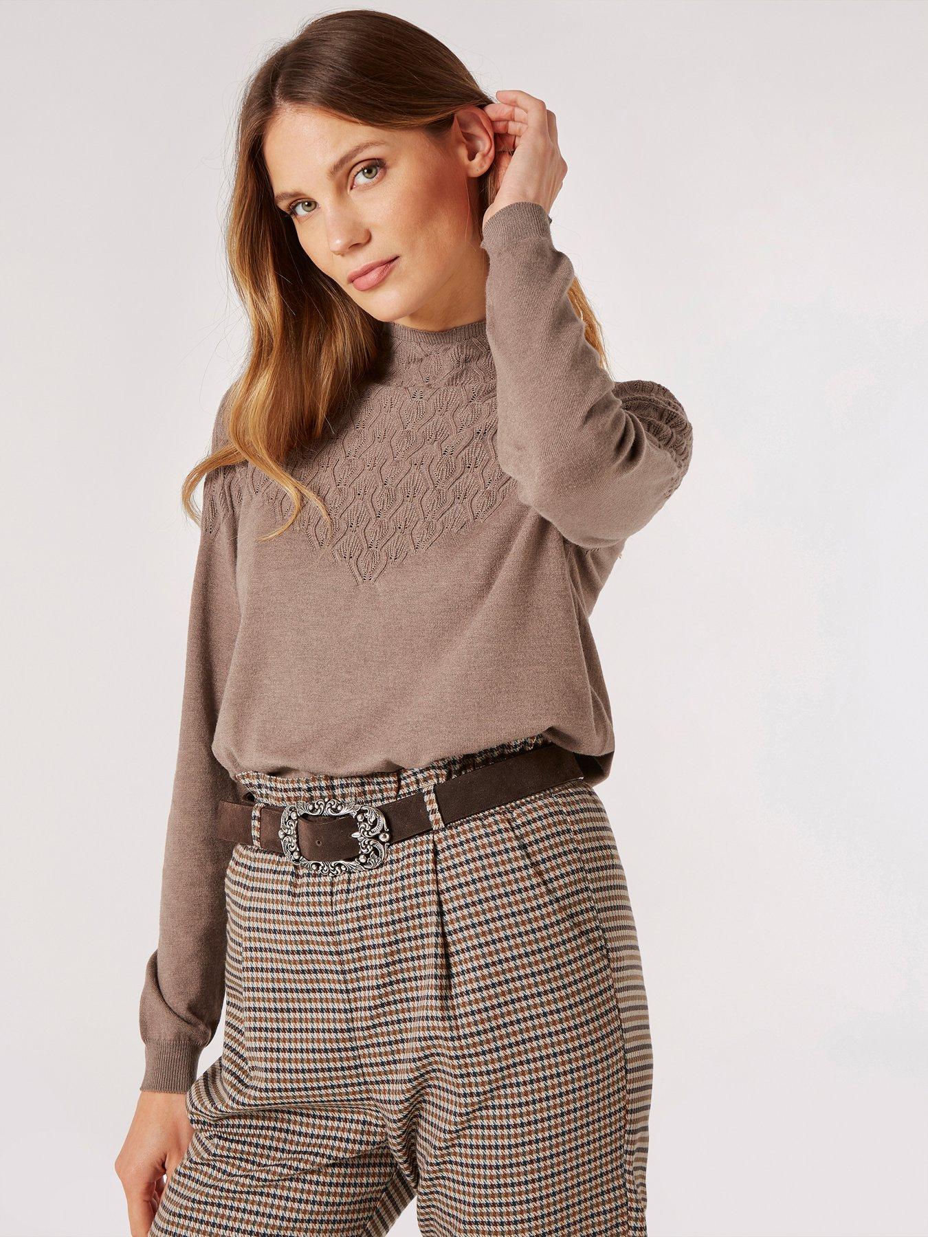 Image 1 of 4 of Apricot Apricot Shell Front Pointelle Knit Jumper - Brown