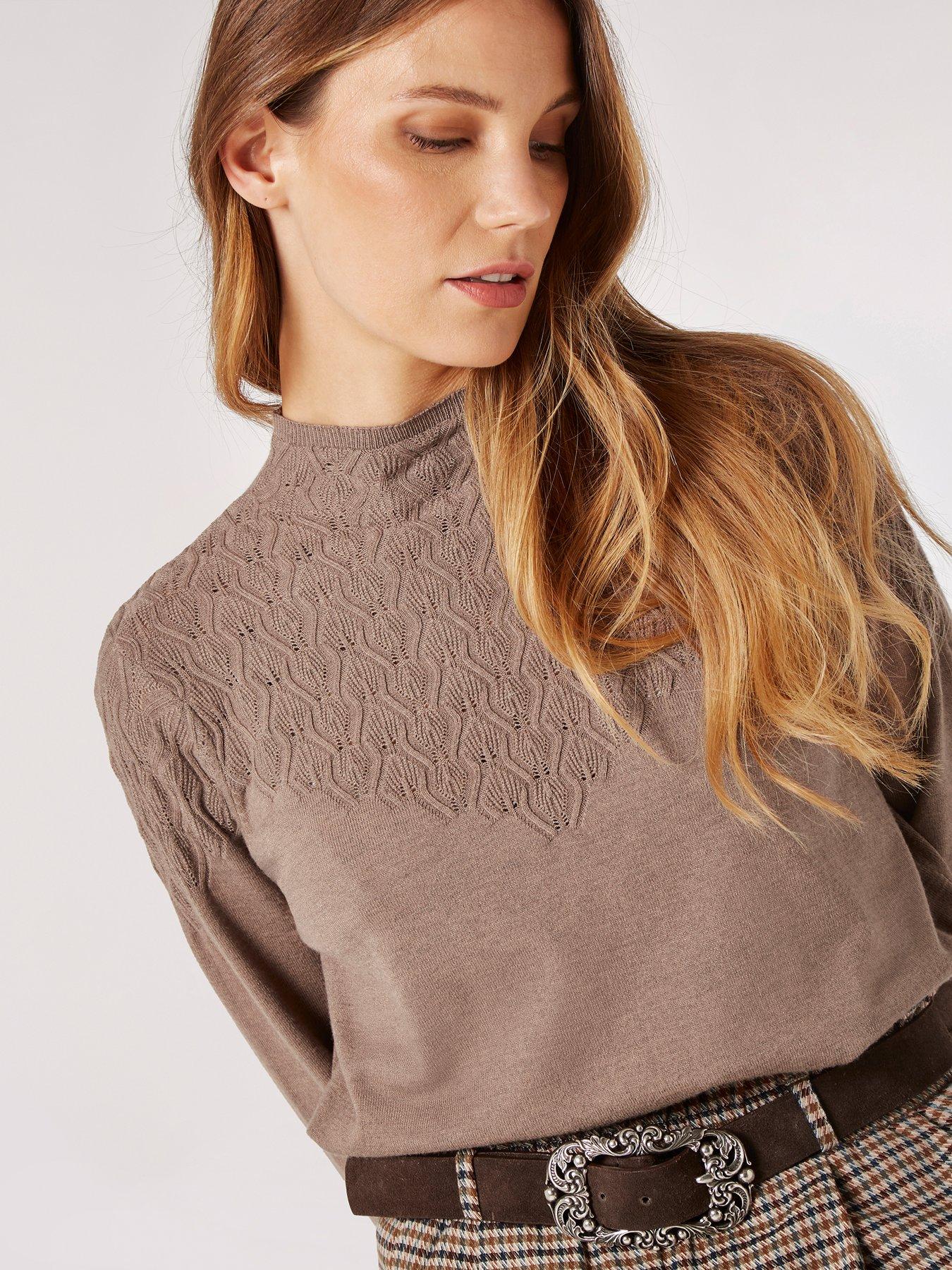 Image 4 of 4 of Apricot Apricot Shell Front Pointelle Knit Jumper - Brown