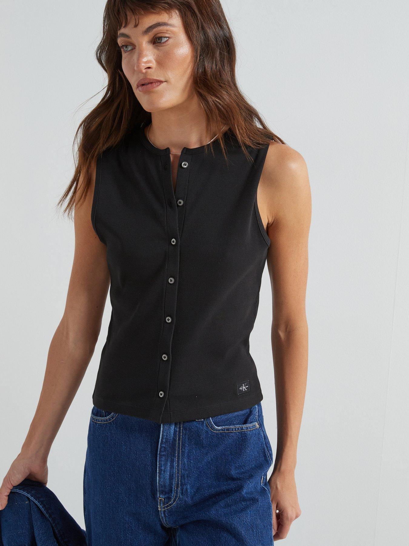undefined Ribbed Button Down Sleeveless Cardigan Waistcoat - Black