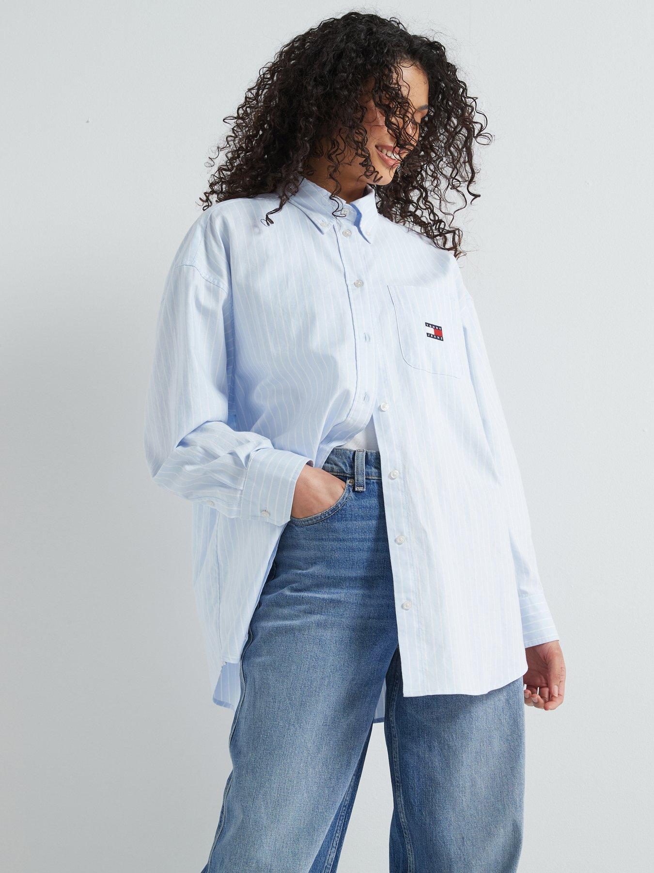 Image 1 of 6 of Tommy Jeans Striped Badge Logo Oxford Shirt - Blue