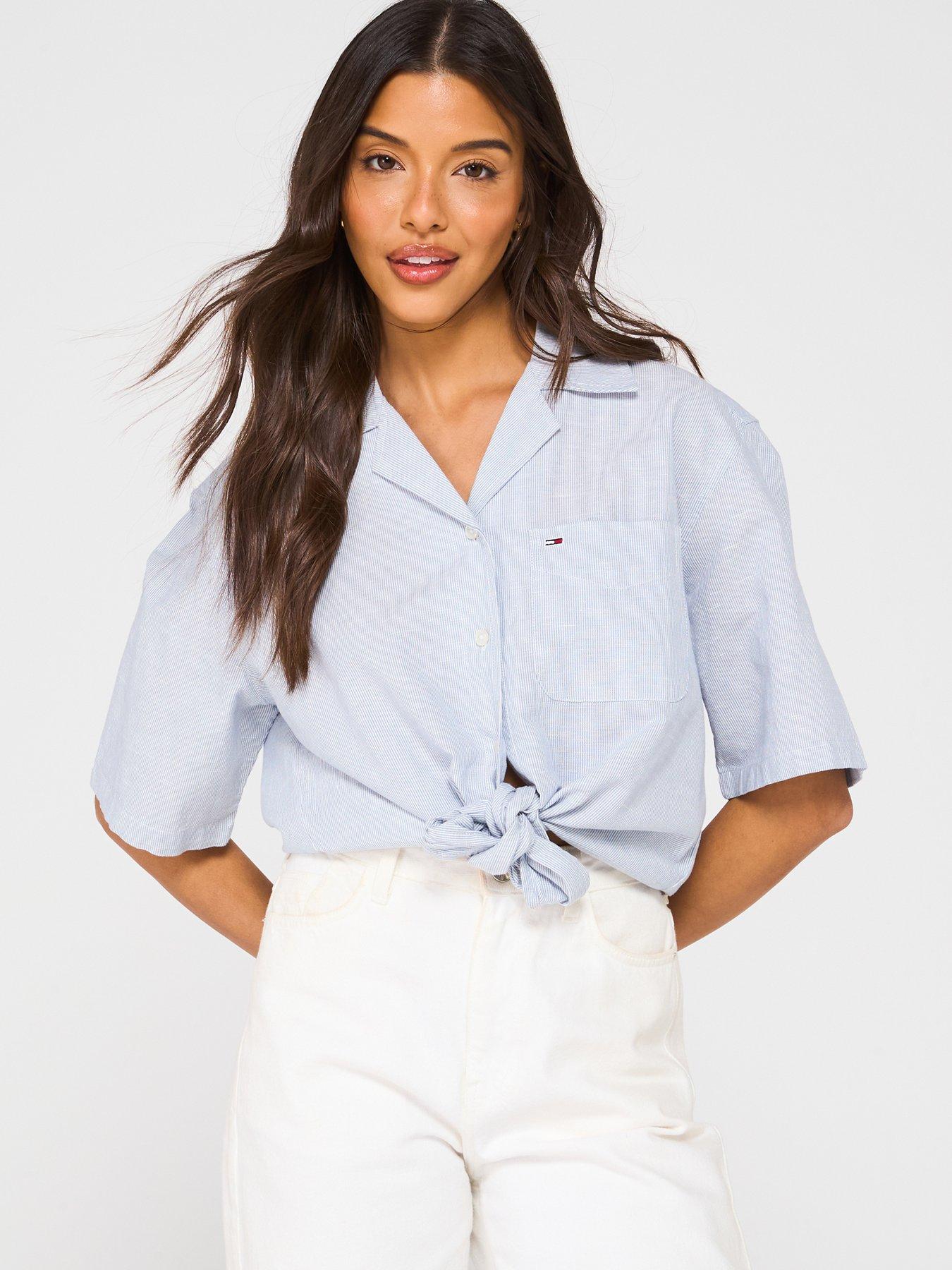Tommy Jeans Cropped Linen Tied Shirt - Blue