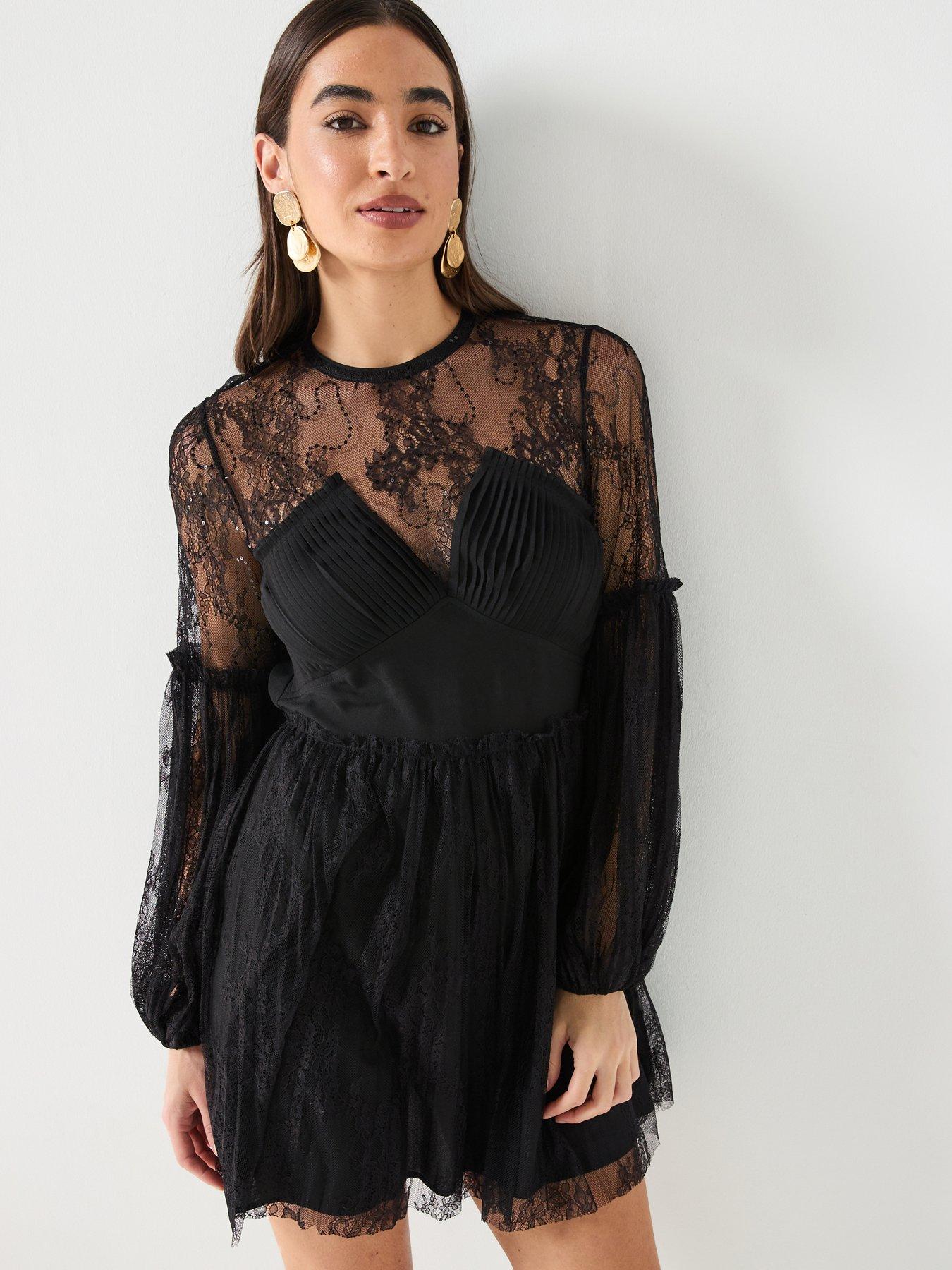 Image 1 of 6 of River Island Lace Hybrid Dress - Black