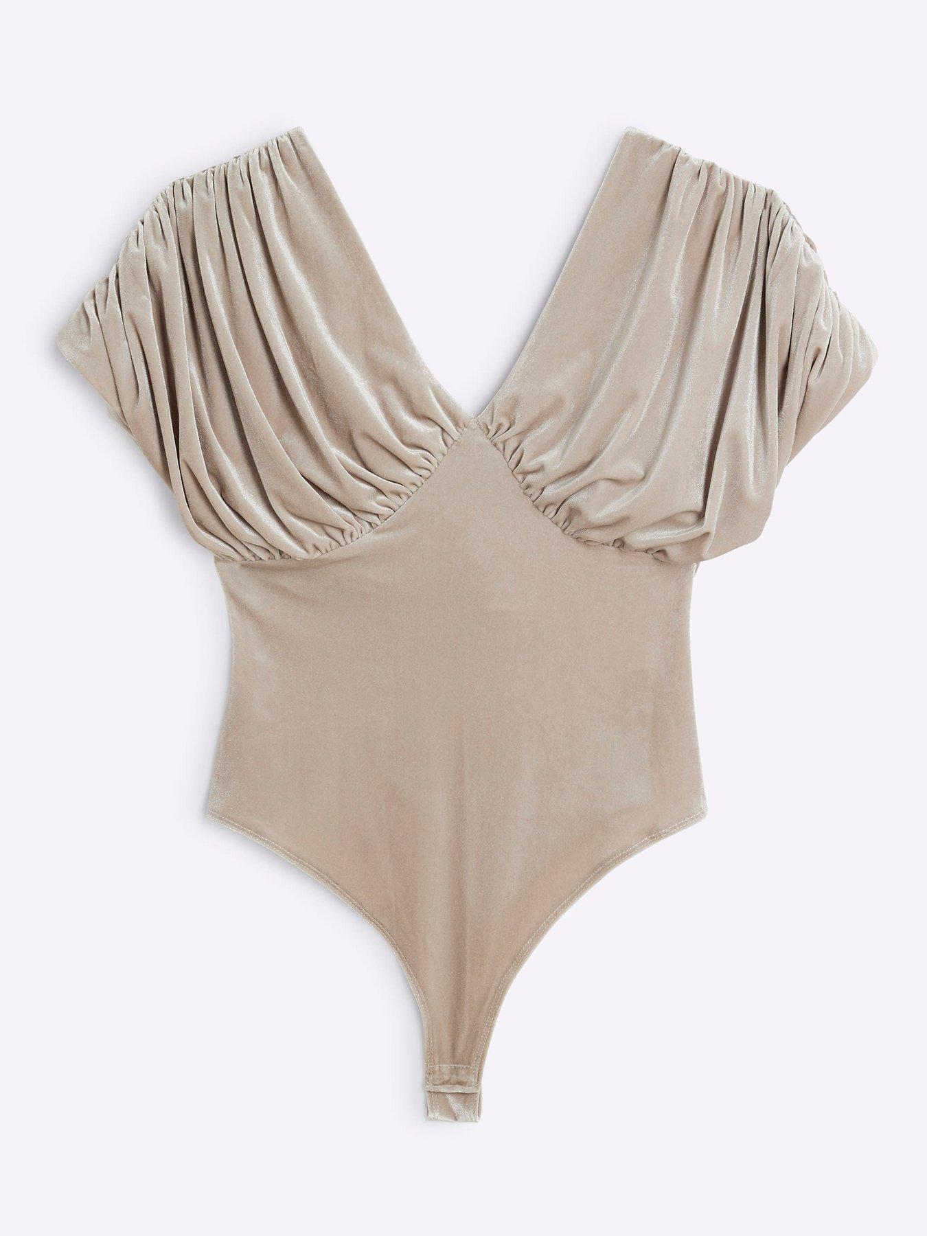 Image 5 of 6 of River Island Drape Plunge Bodysuit - Light Stone - Beige