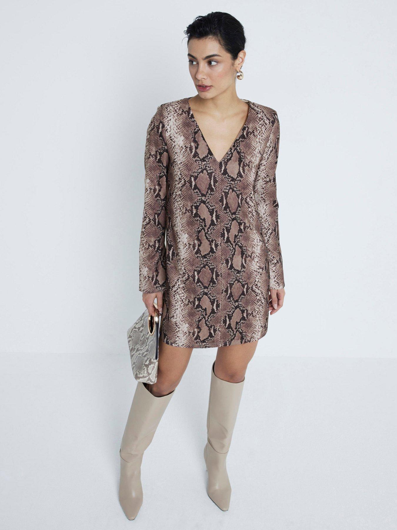 river-island-snake-v-neck-shoulder-pad-mini-dress-brown