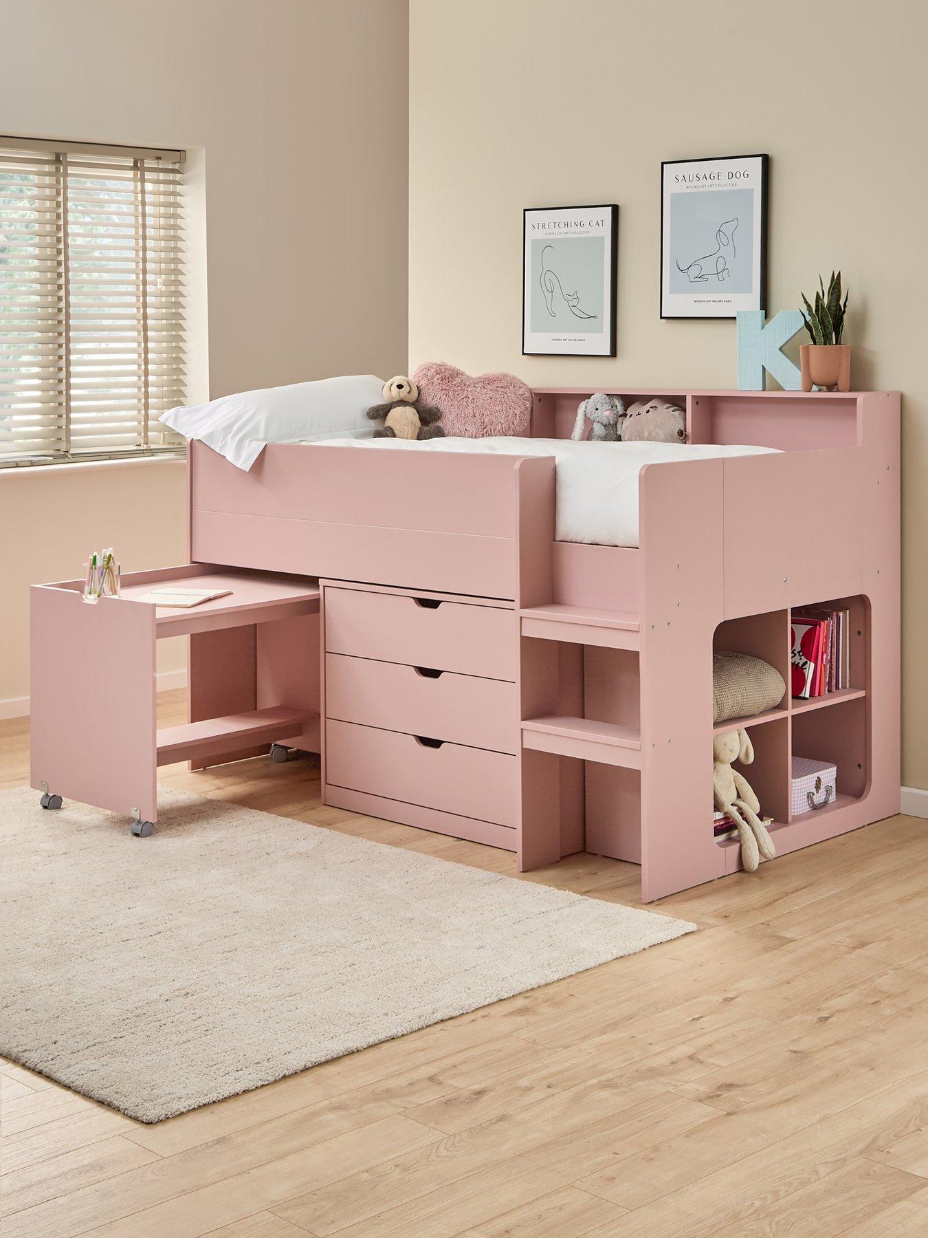Image 1 of 7 of Very Home Aspen Mid Sleeper Bed Frame with Desk, Drawers and Shelves plus Mattress Options (Buy and SAVE!) - Pink