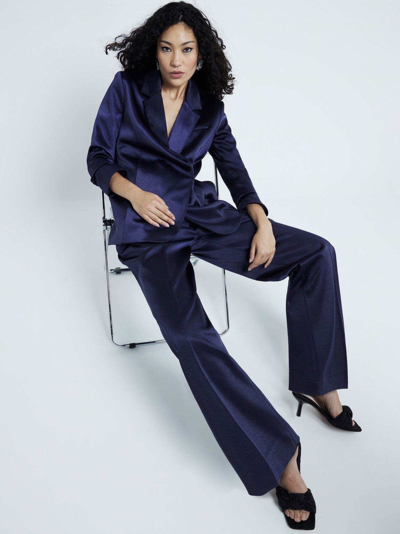 Image 1 of 4 of River Island Satin Wide Leg Trouser - Navy