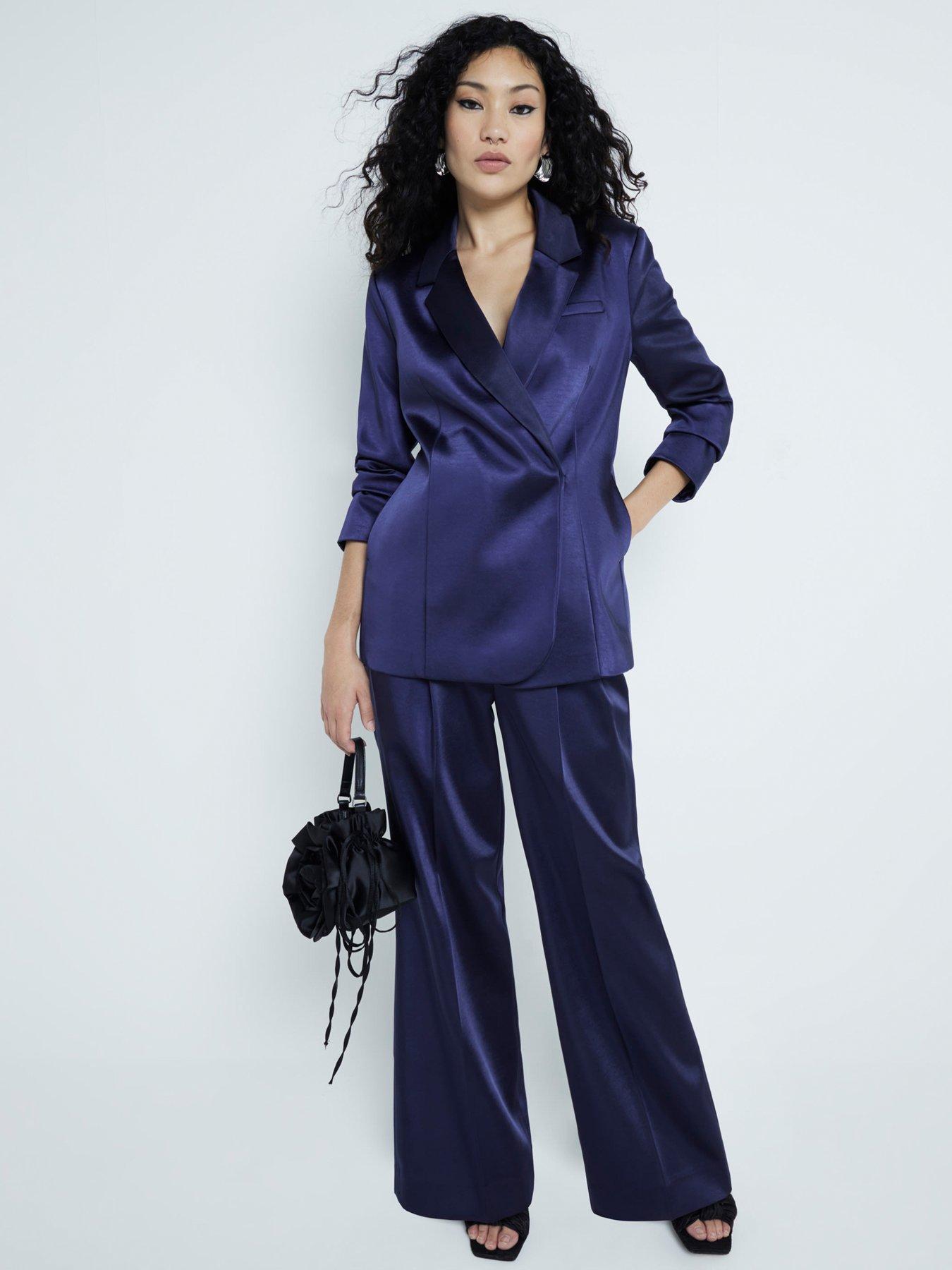 Image 2 of 4 of River Island Satin Wide Leg Trouser - Navy