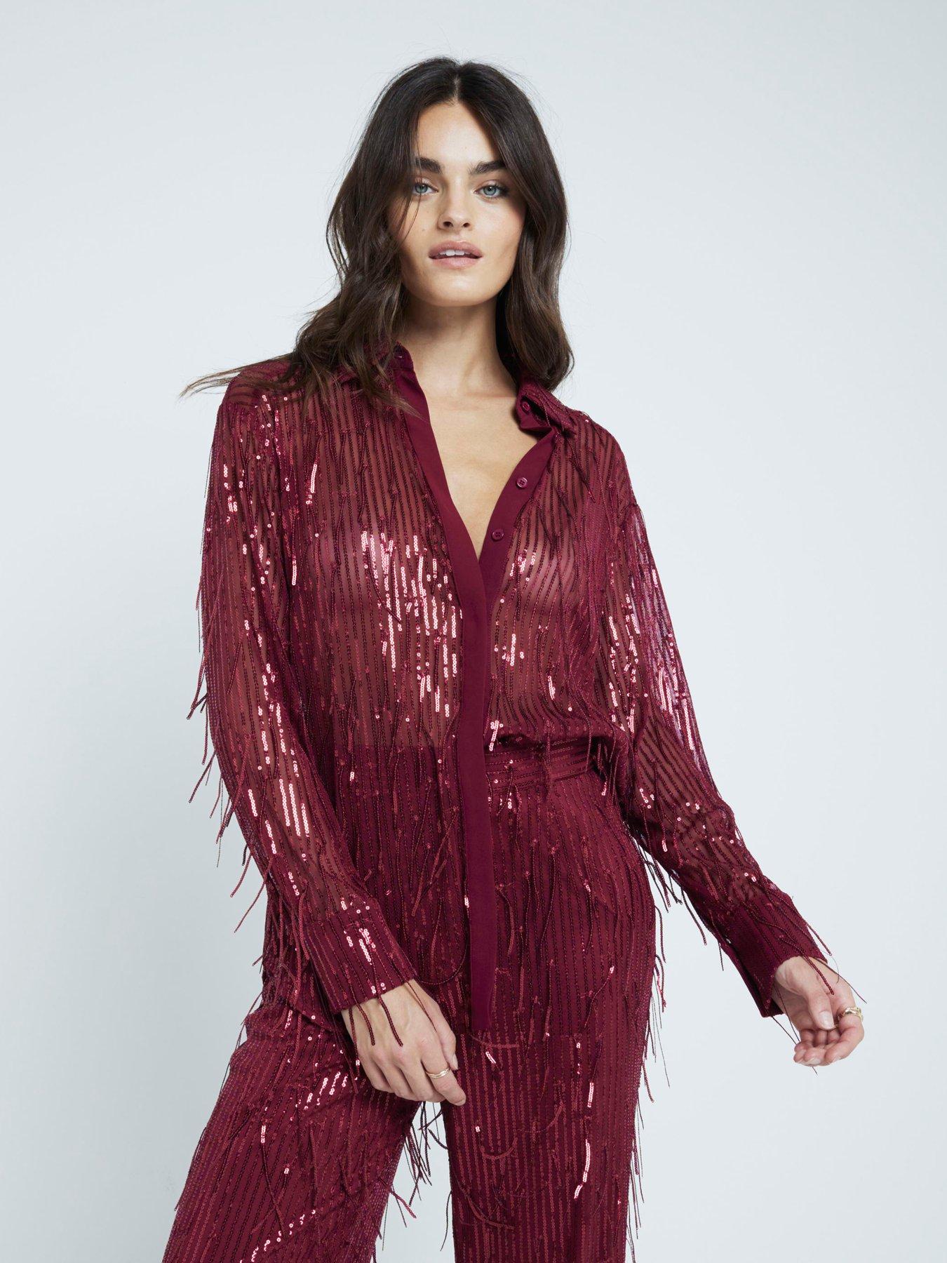 Image of River Island Sequin Fringe Shirt - Dark Red