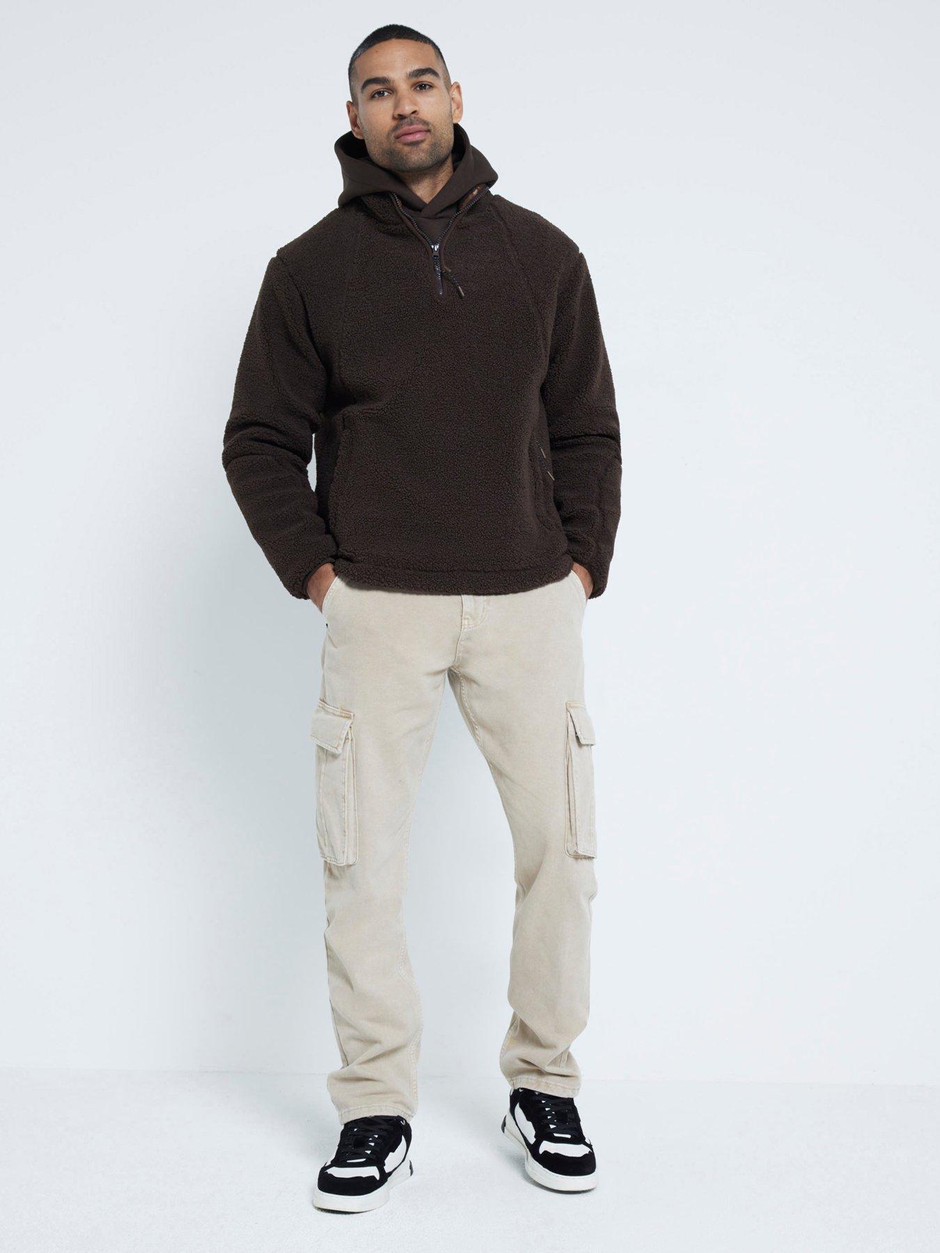 river-island-relaxed-half-zip-borg-funnel-neck-fleece-jacket-brown