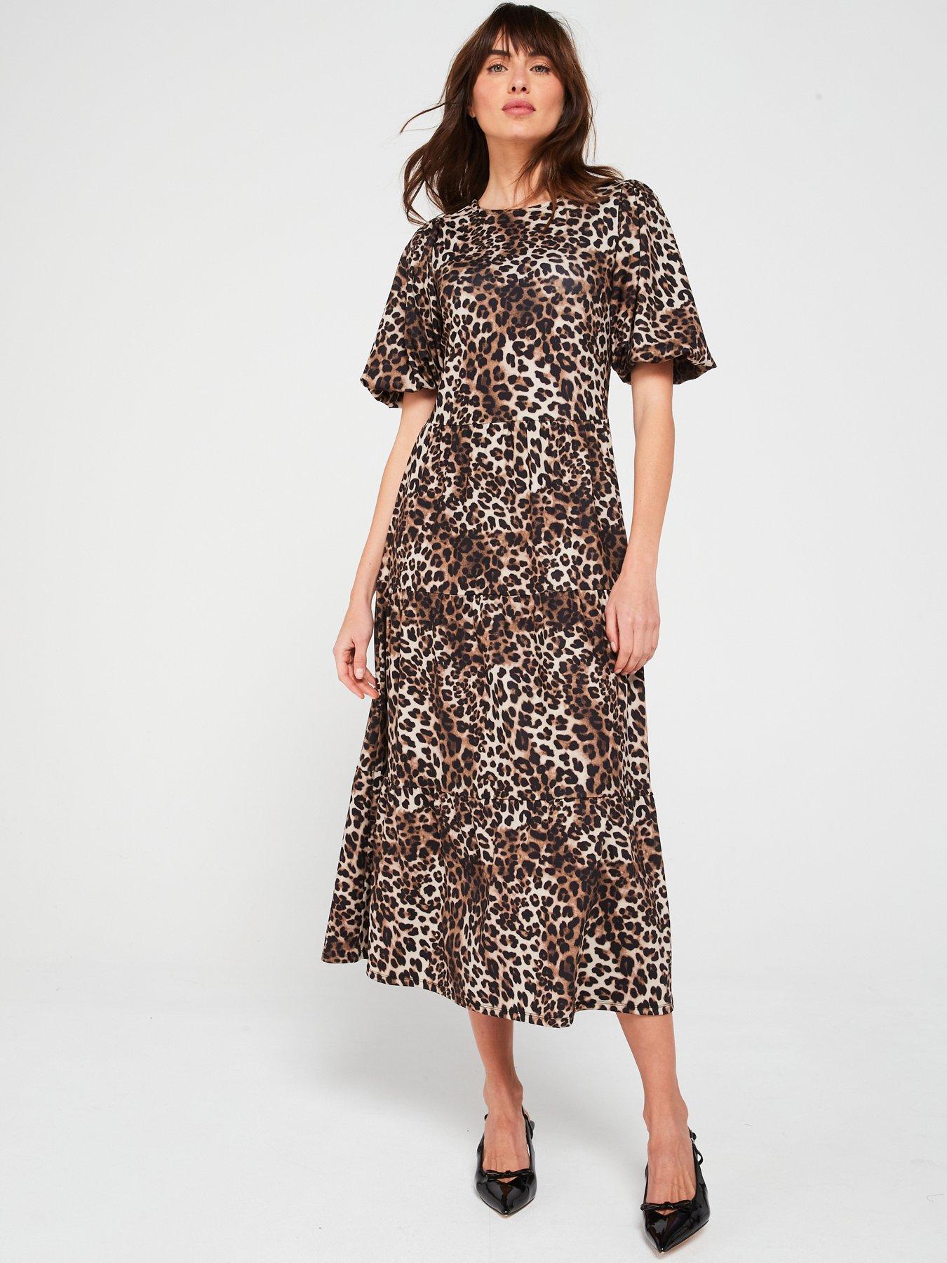 undefined Puff Sleeve Volume Tiered Midaxi Dress - Animal