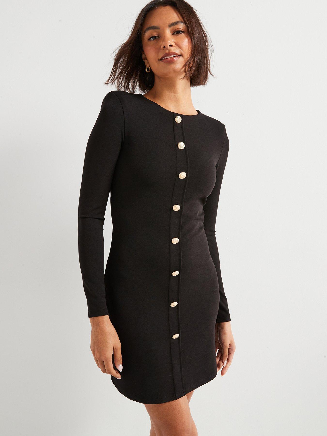 v-by-very-button-detail-long-sleeve-mini-shift-dress-black