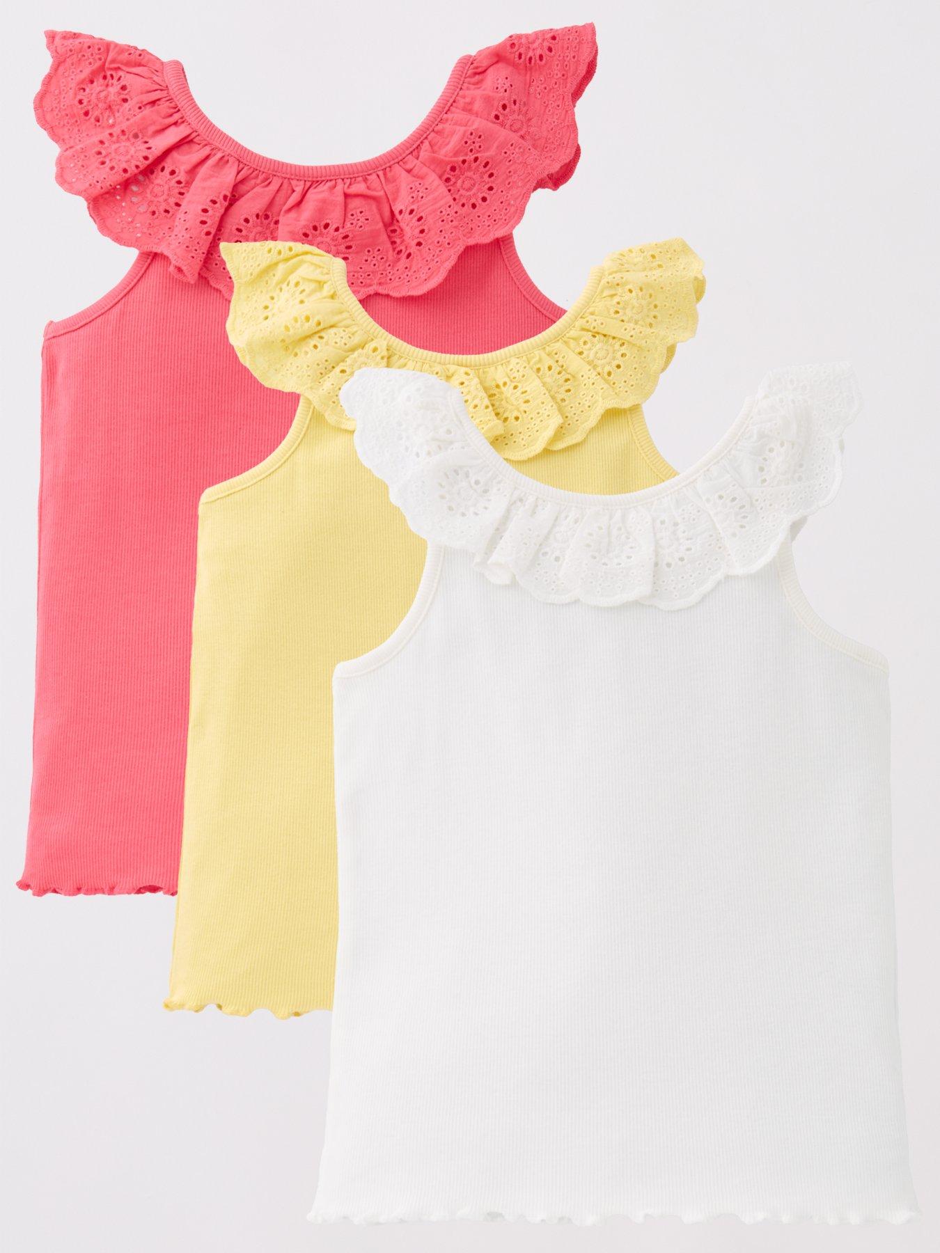 undefined Girls 3 Pack Broderie Frill Ribbed Vests - Multi