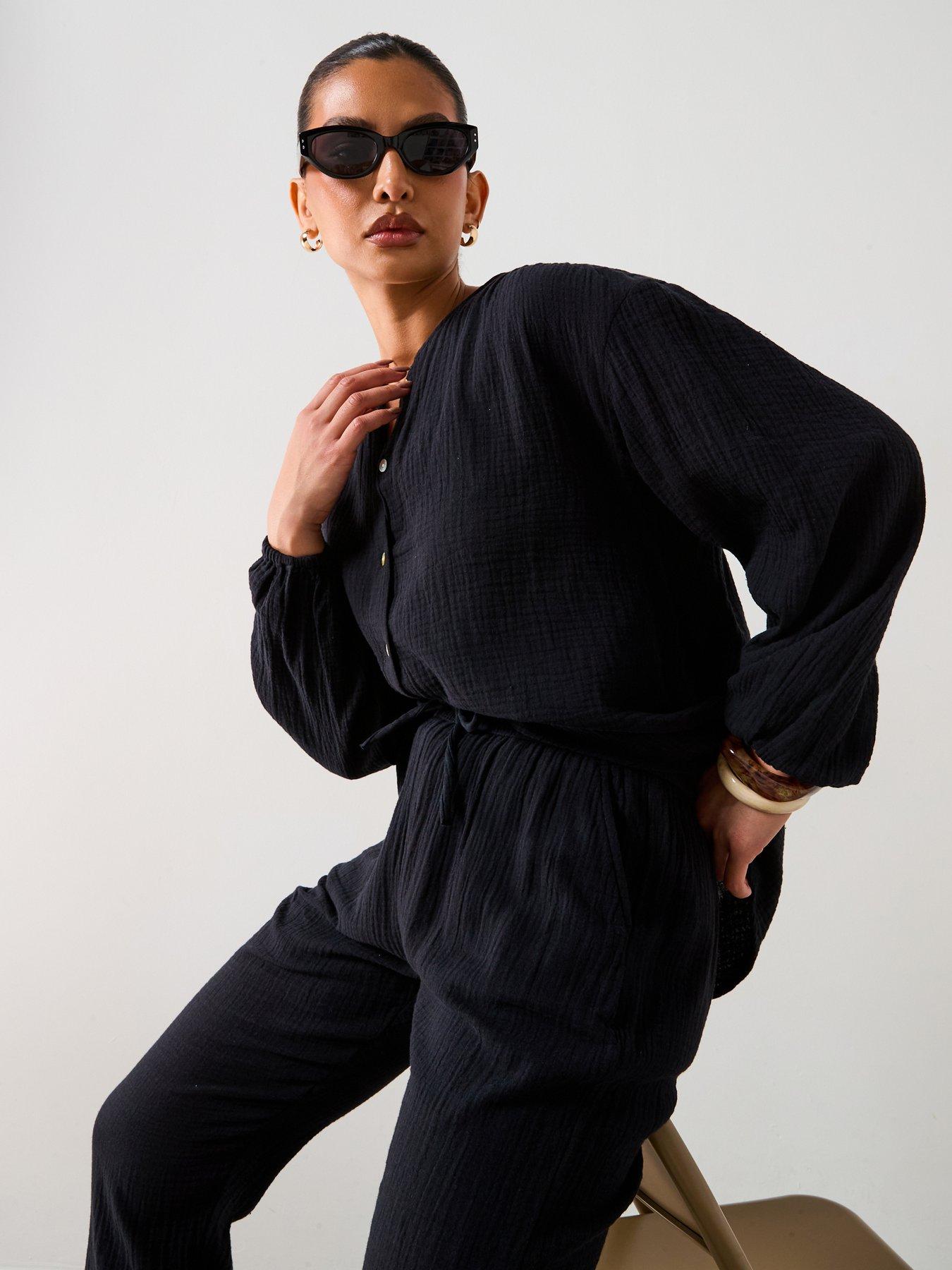 V by Very Notch Neck Crinkle Blouse - Black