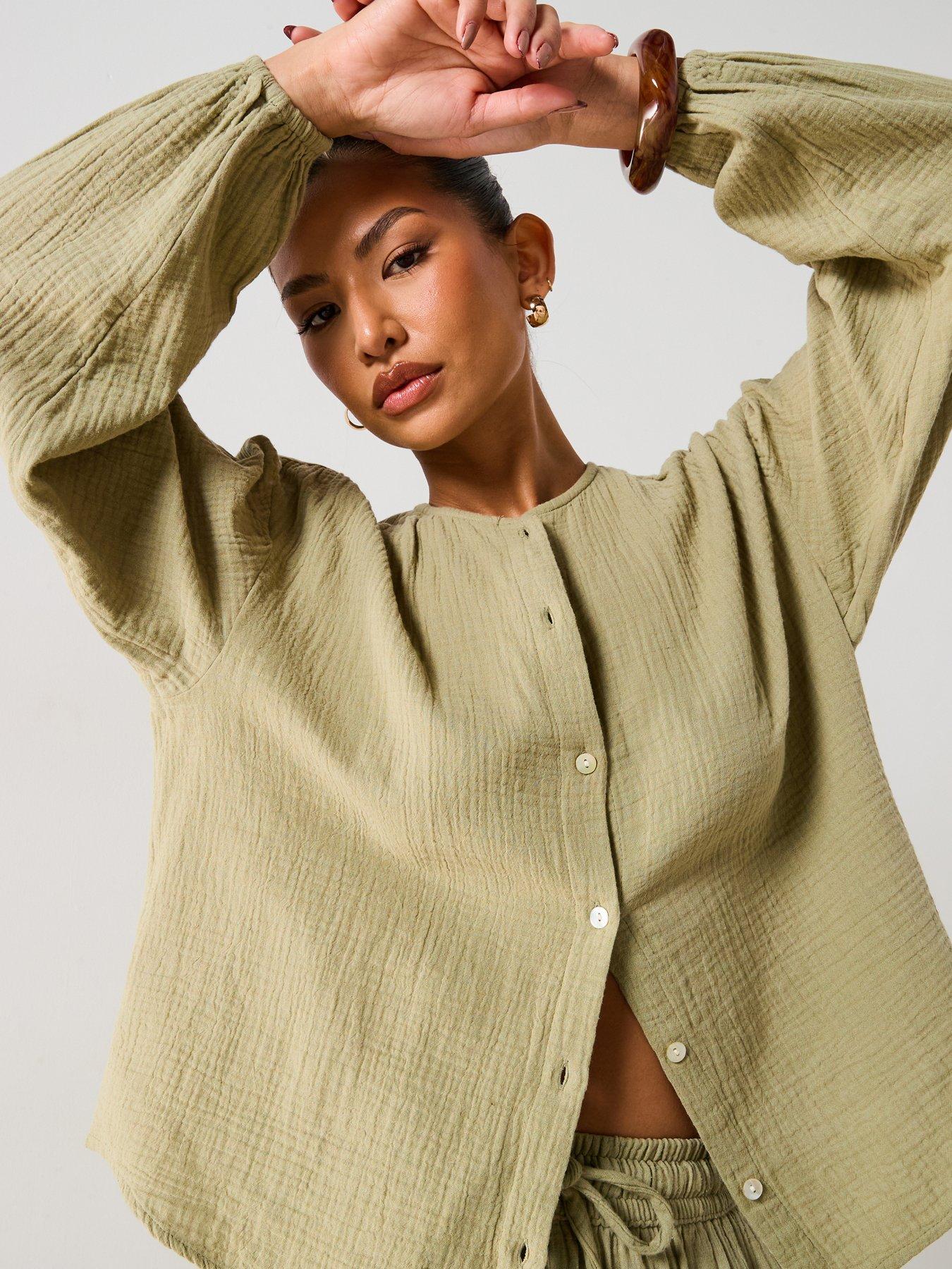 Image 1 of 6 of V by Very Notch Neck Crinkle Blouse - Green