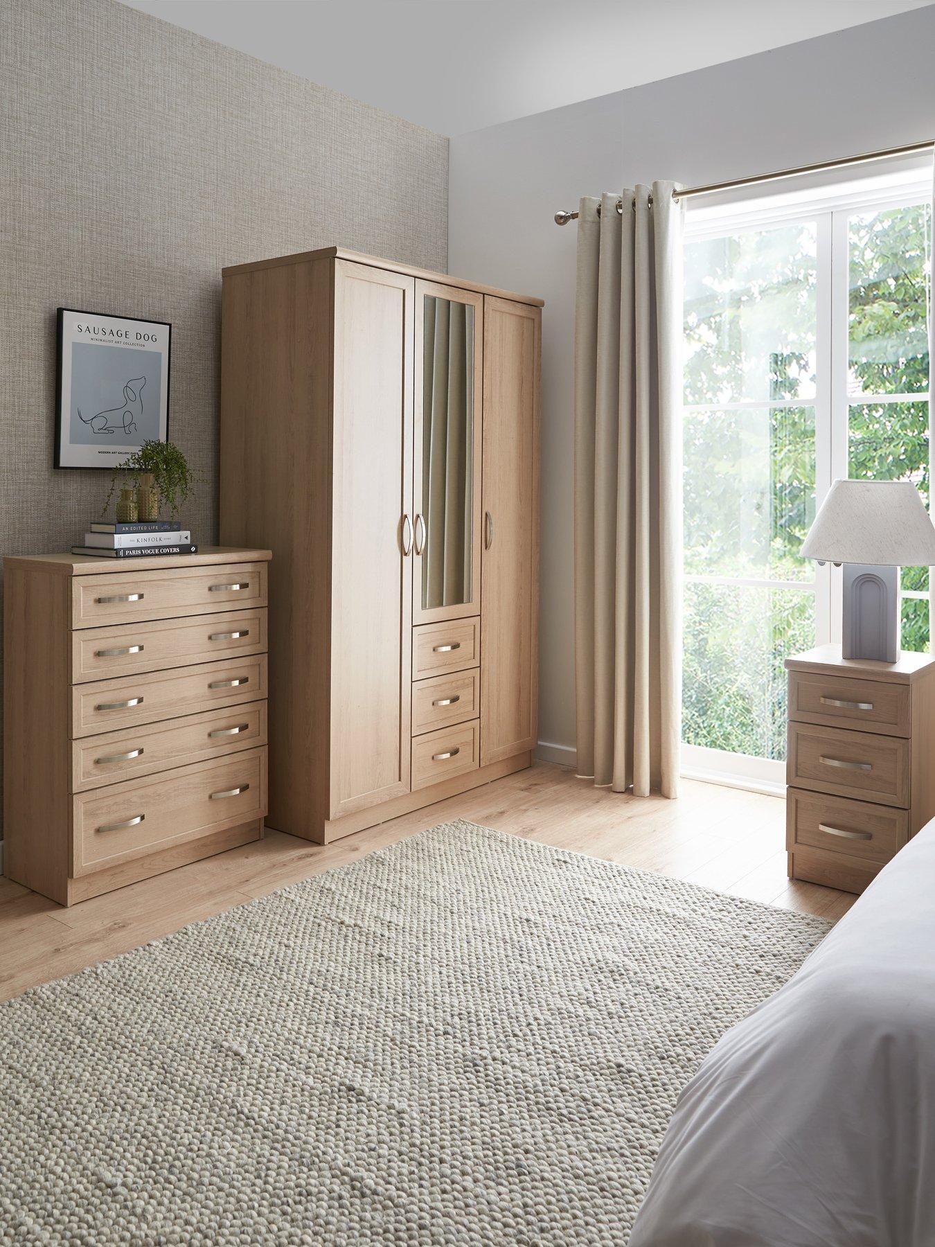 The Very Collection Camberley 3 Piece Package - 3 Door, 3 Drawer Mirrored Wardrobe, 5 Drawer Chest and 3 Drawer Bedside Chest
