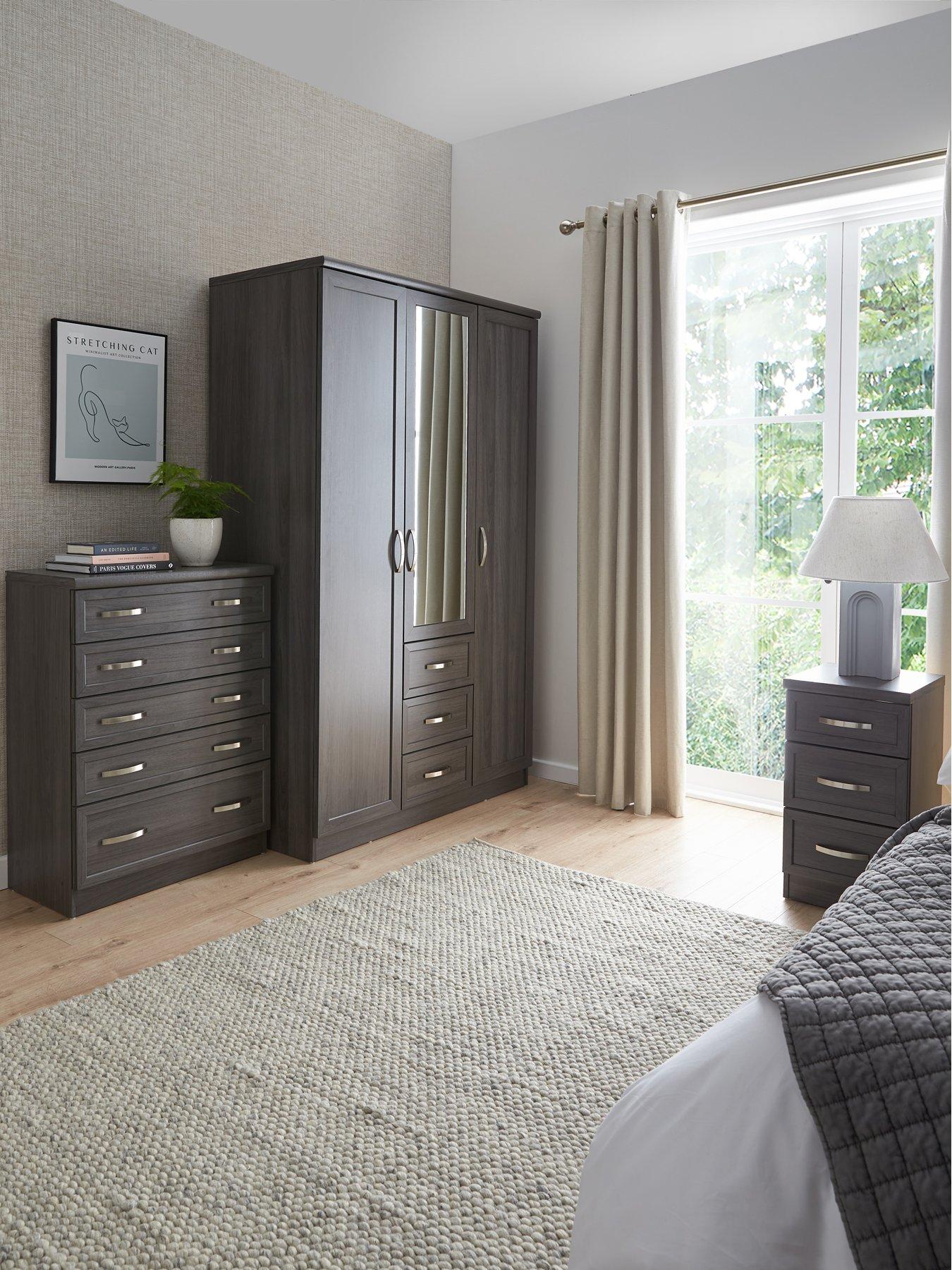 very-home-camberley-3-piece-package-3-door-3-drawer-mirrored-wardrobe-5-drawer-chest-andnbsp3-drawer-bedside-chestfront