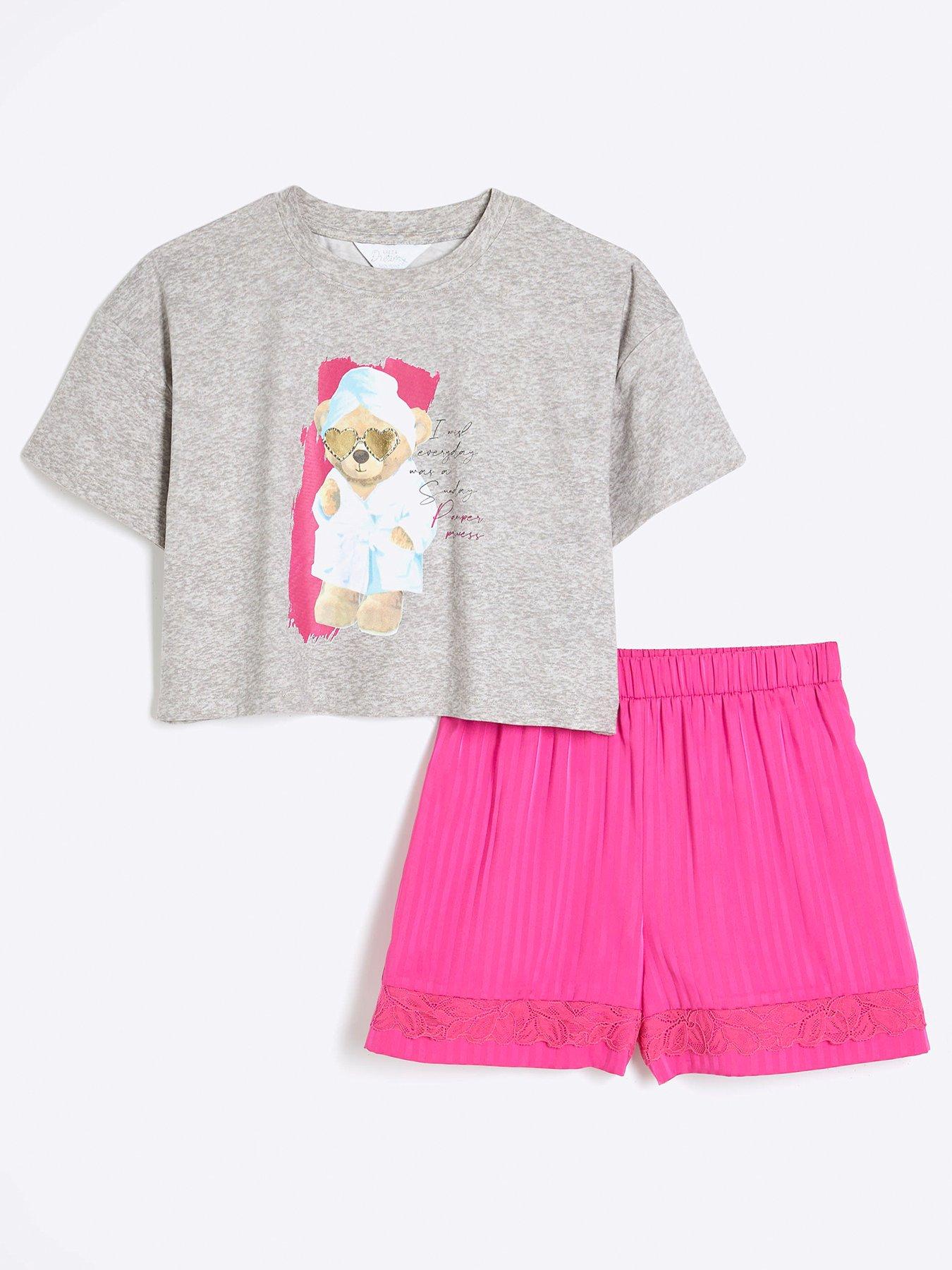 Image of River Island Girls Satin Mix Teddy Pyjamas Set - Pink