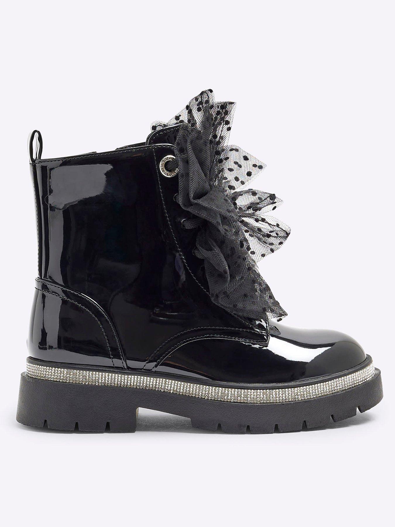 Image 1 of 6 of River Island Girls Patent Bow Boots - Black