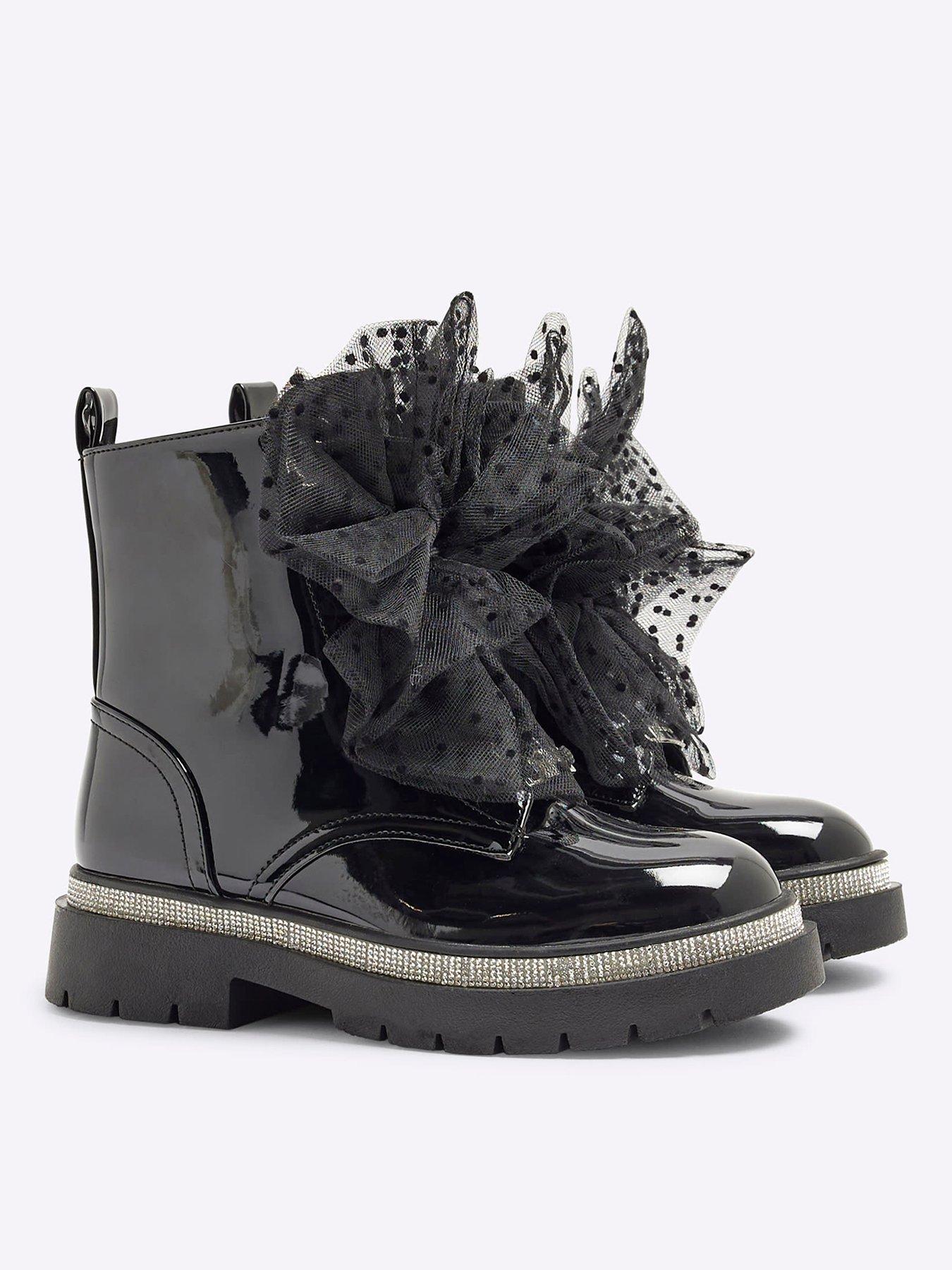 Image 2 of 6 of River Island Girls Patent Bow Boots - Black