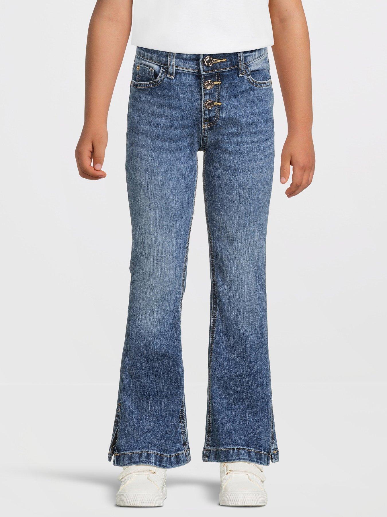 Image 1 of 6 of River Island Girls Denim Button Front Flared Jeans - Blue