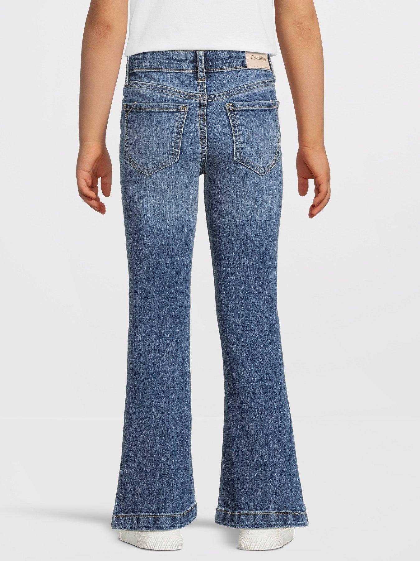 Image 2 of 6 of River Island Girls Denim Button Front Flared Jeans - Blue