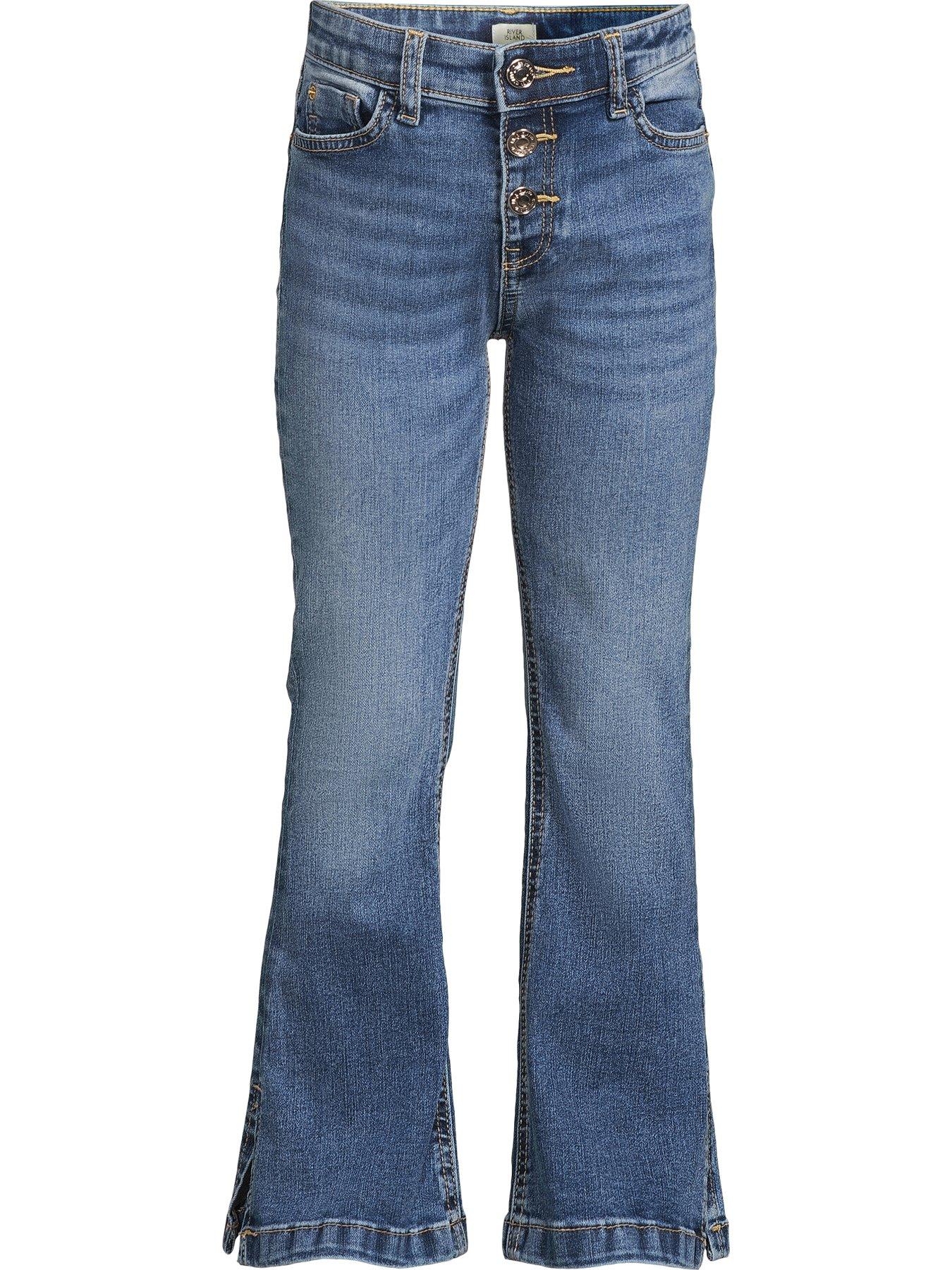 Image 6 of 6 of River Island Girls Denim Button Front Flared Jeans - Blue