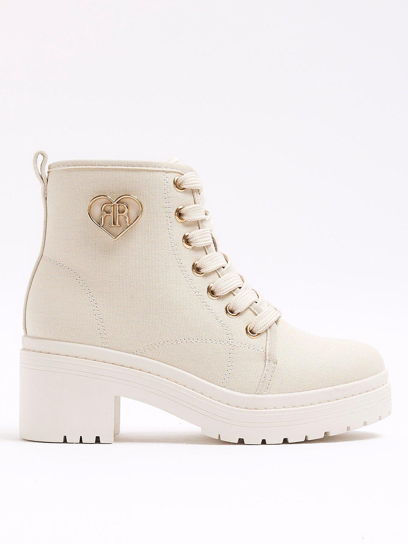 Image 1 of 5 of River Island Girls Canvas Heeled Boot - Cream