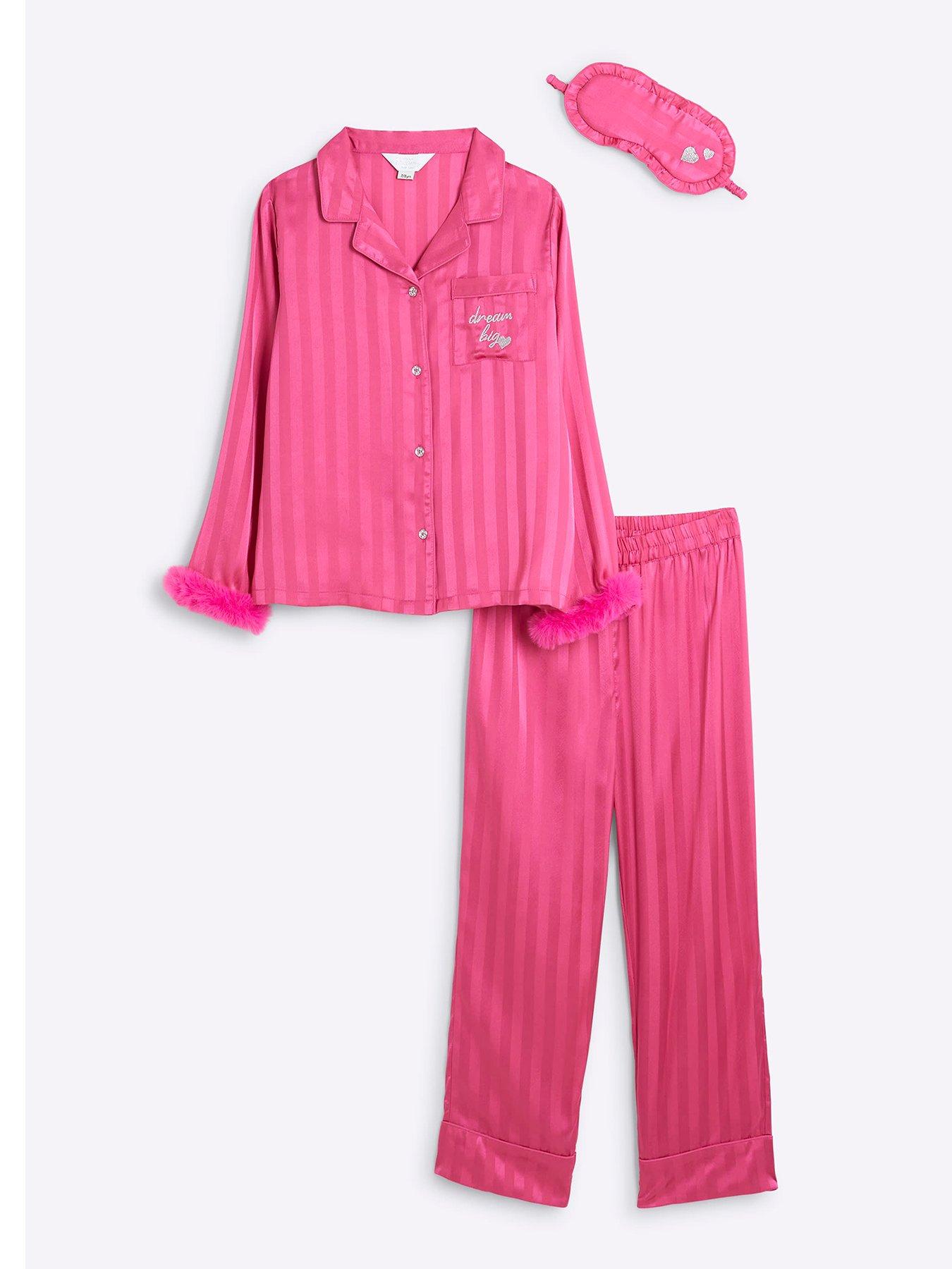 river-island-girls-satin-faux-fur-cuff-pyjamas-set-pink