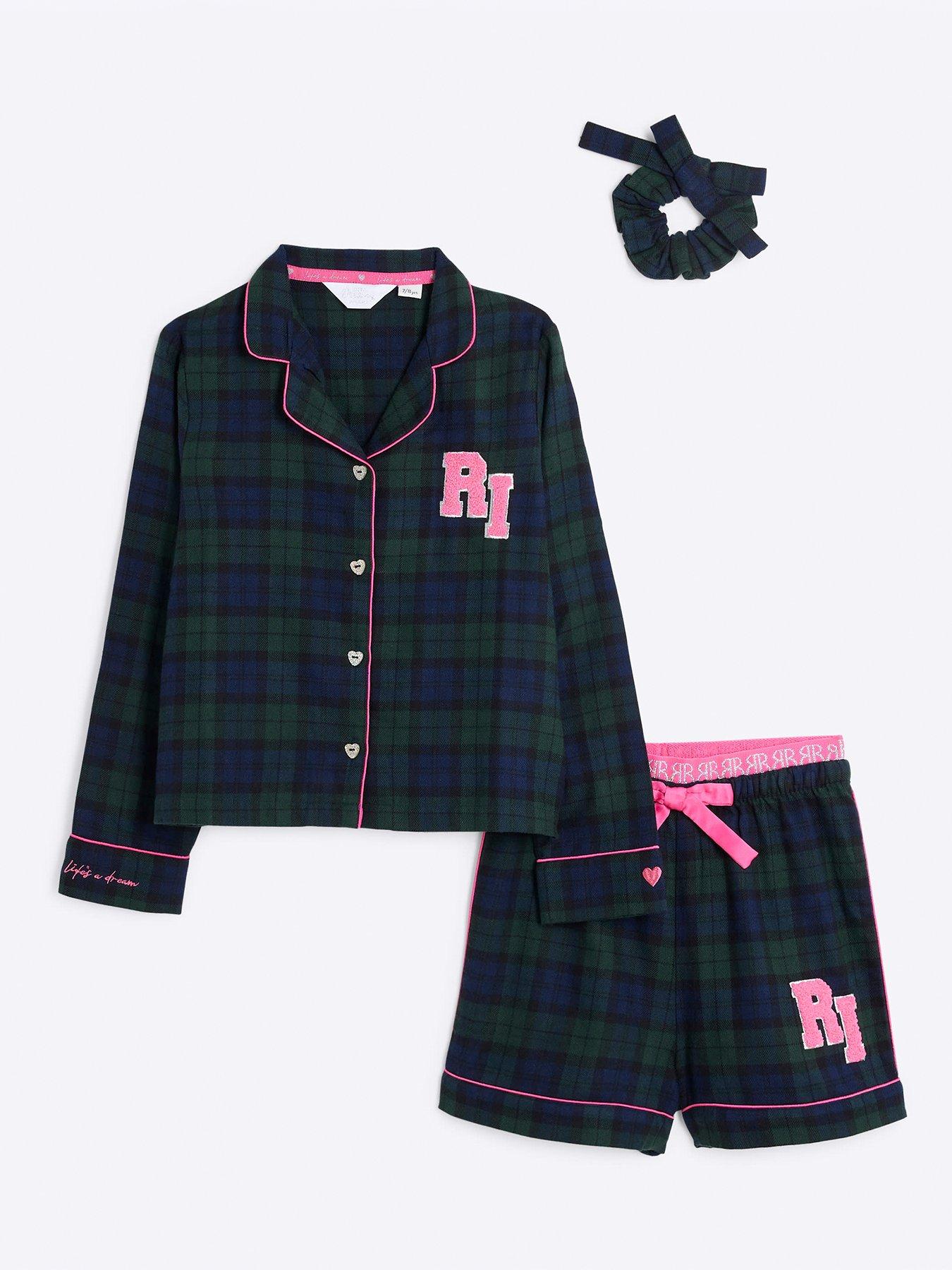 river-island-older-girl-check-pyjama-and-scrunchie-set-greenfront