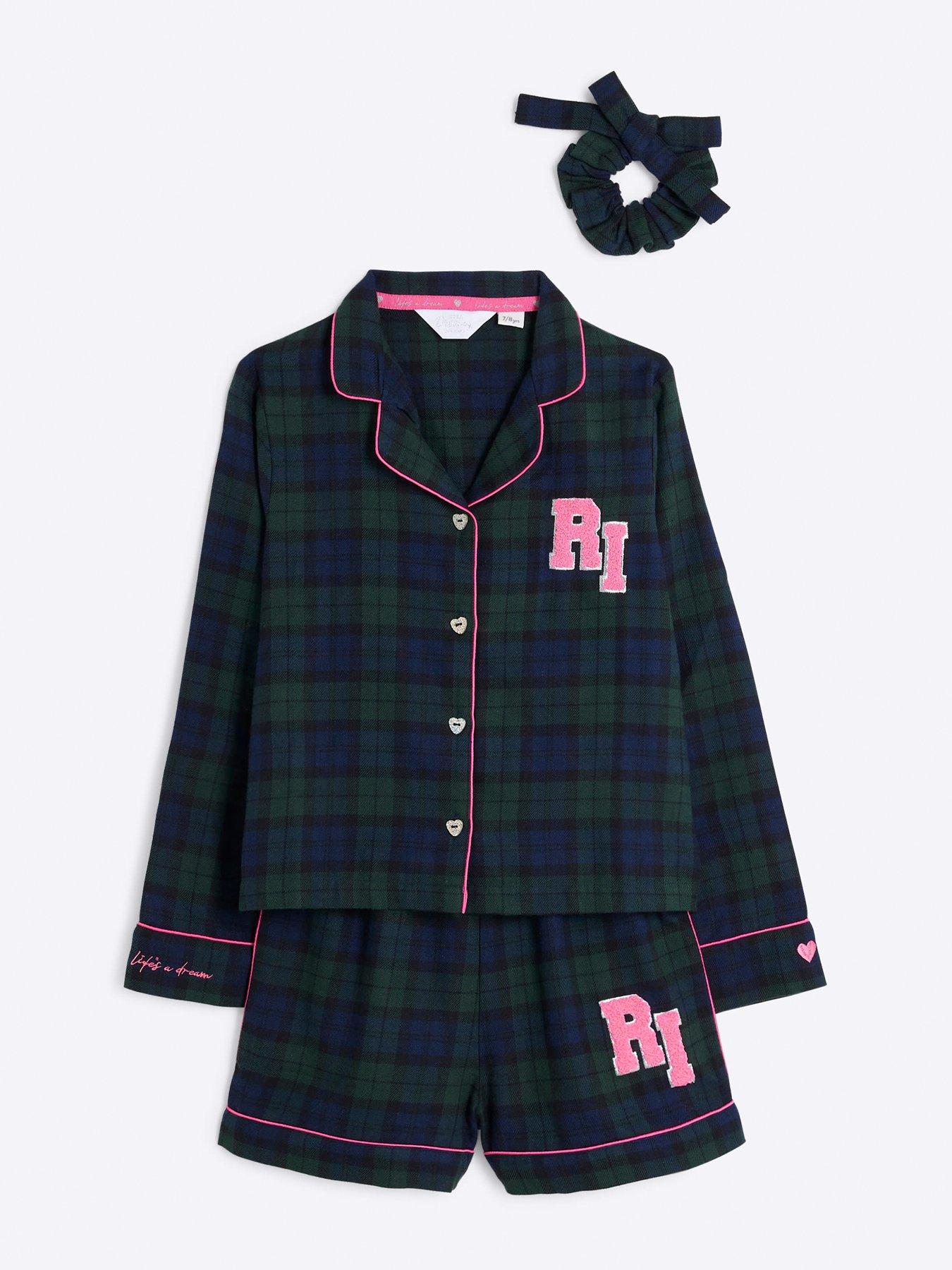 river-island-older-girl-check-pyjama-and-scrunchie-set-greenstillFront