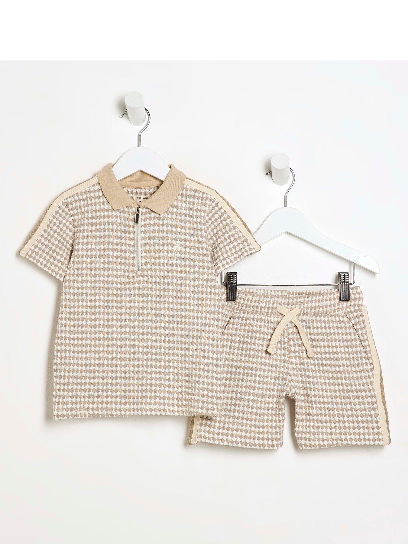 Image 1 of 5 of River Island Mini Boys Taped Polo Shirt Set - Stone - Beige