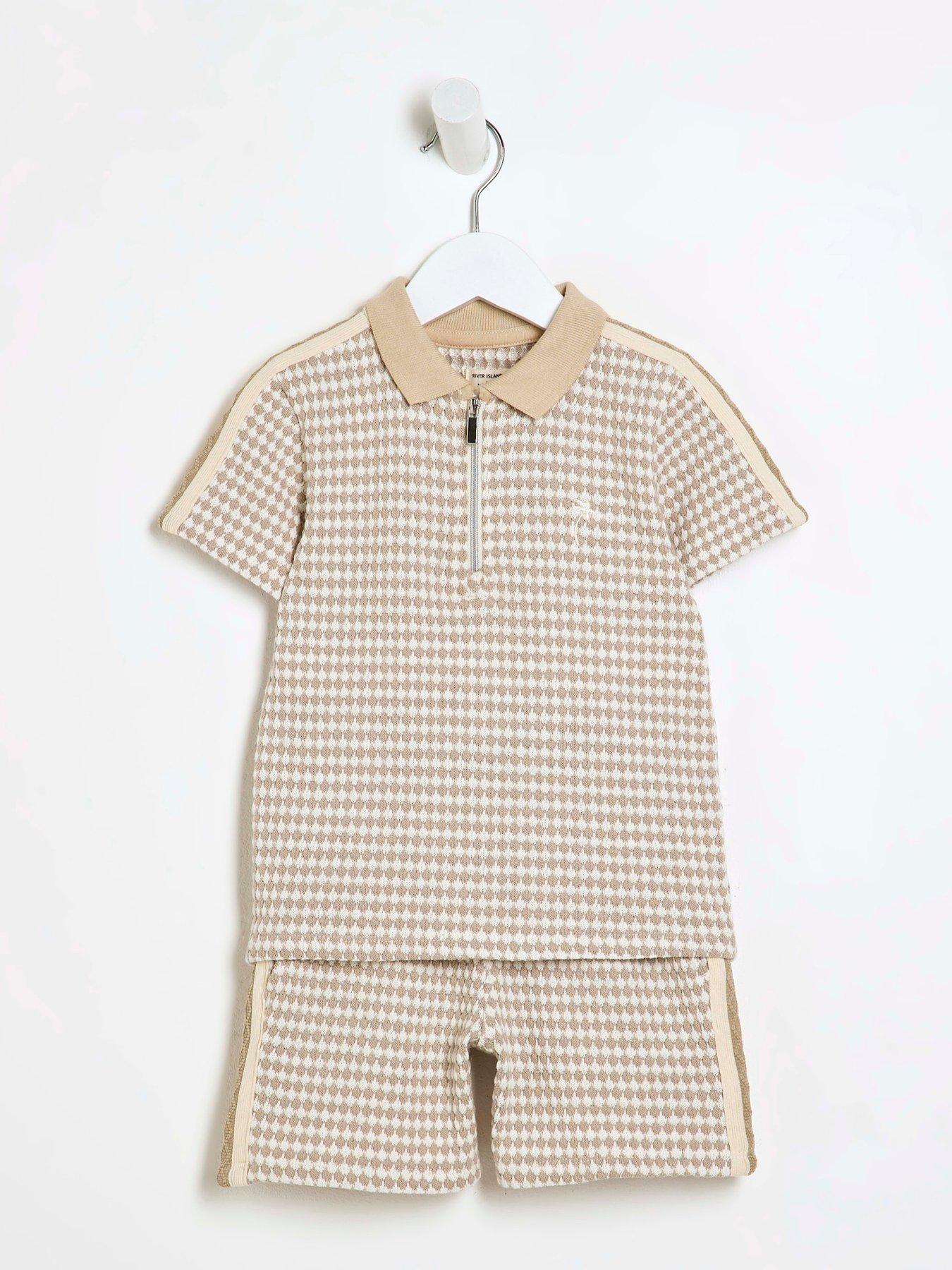 Image 2 of 5 of River Island Mini Boys Taped Polo Shirt Set - Stone - Beige
