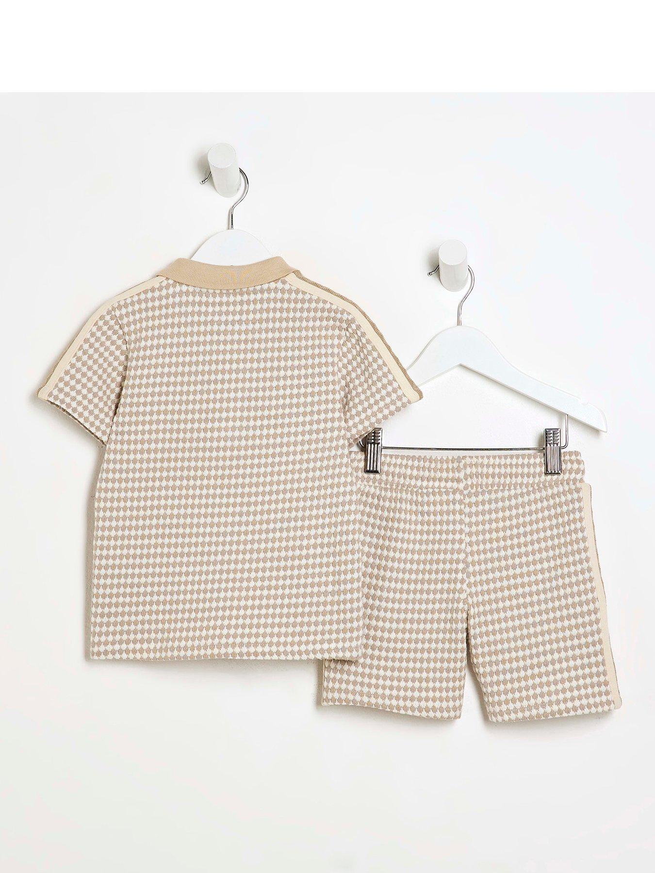 Image 3 of 5 of River Island Mini Boys Taped Polo Shirt Set - Stone - Beige
