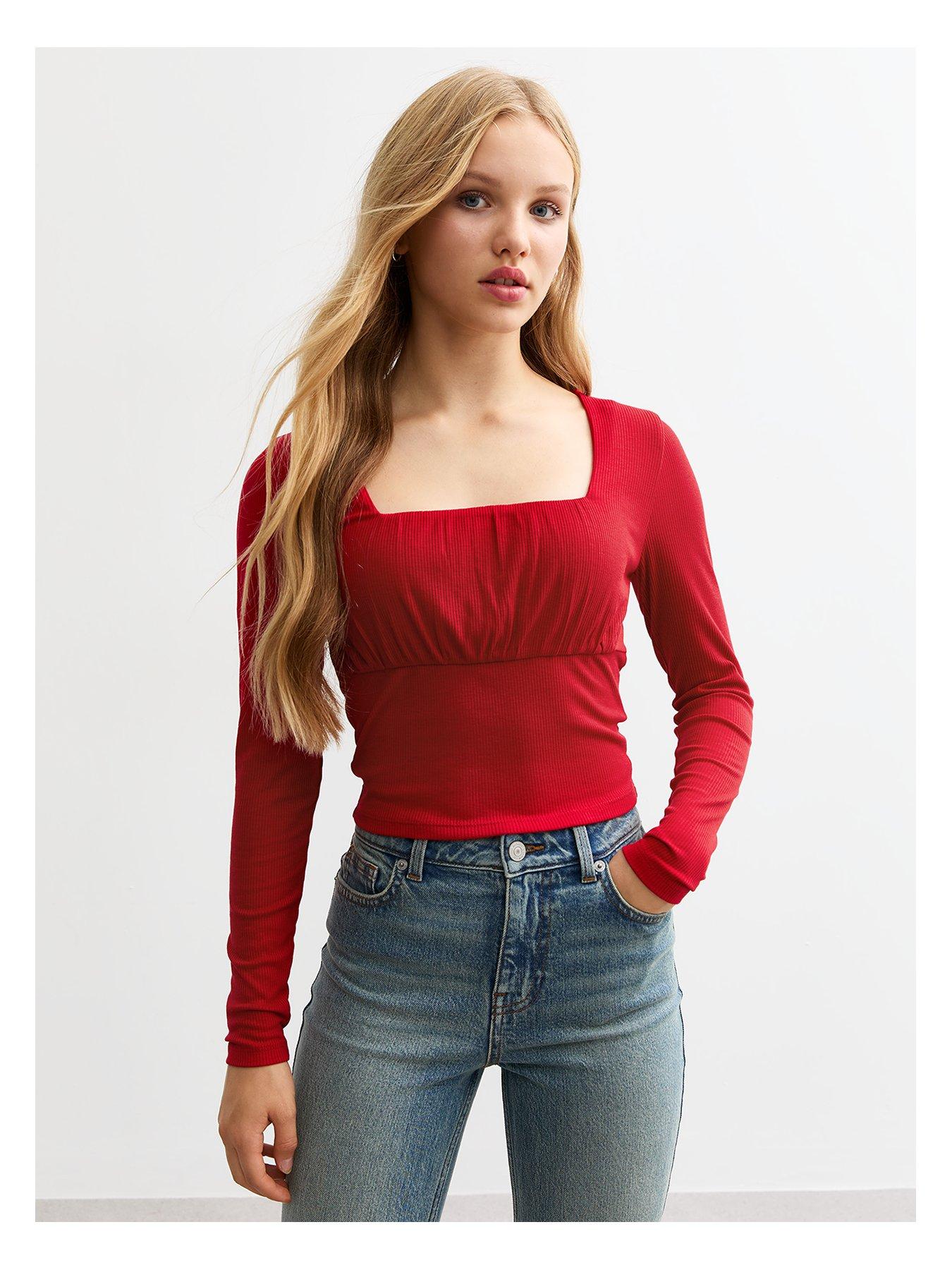 new-look-915-girls-ruched-front-ribbed-jersey-top-red