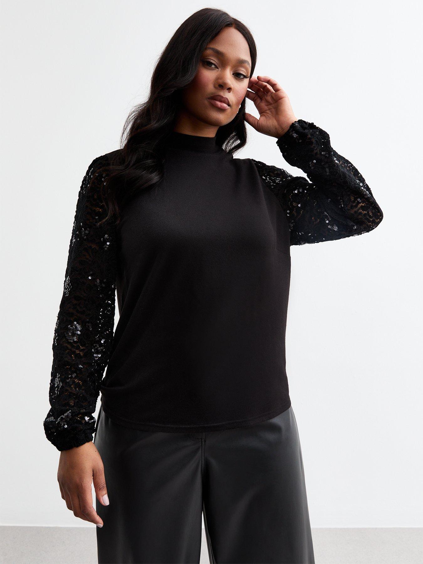 new-look-black-sequin-embellished-lace-sleeve-top