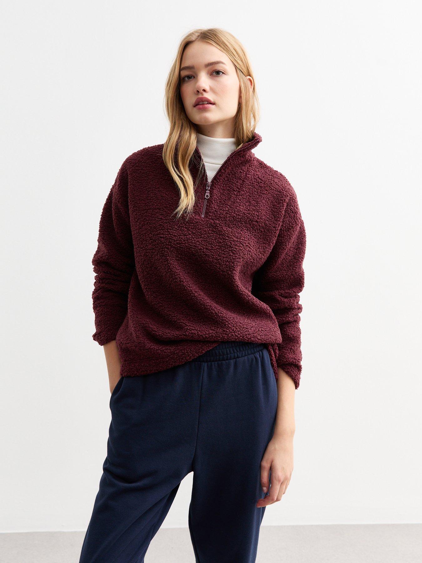 new-look-burgundy-textured-borg-quarter-zip-sweatshirt