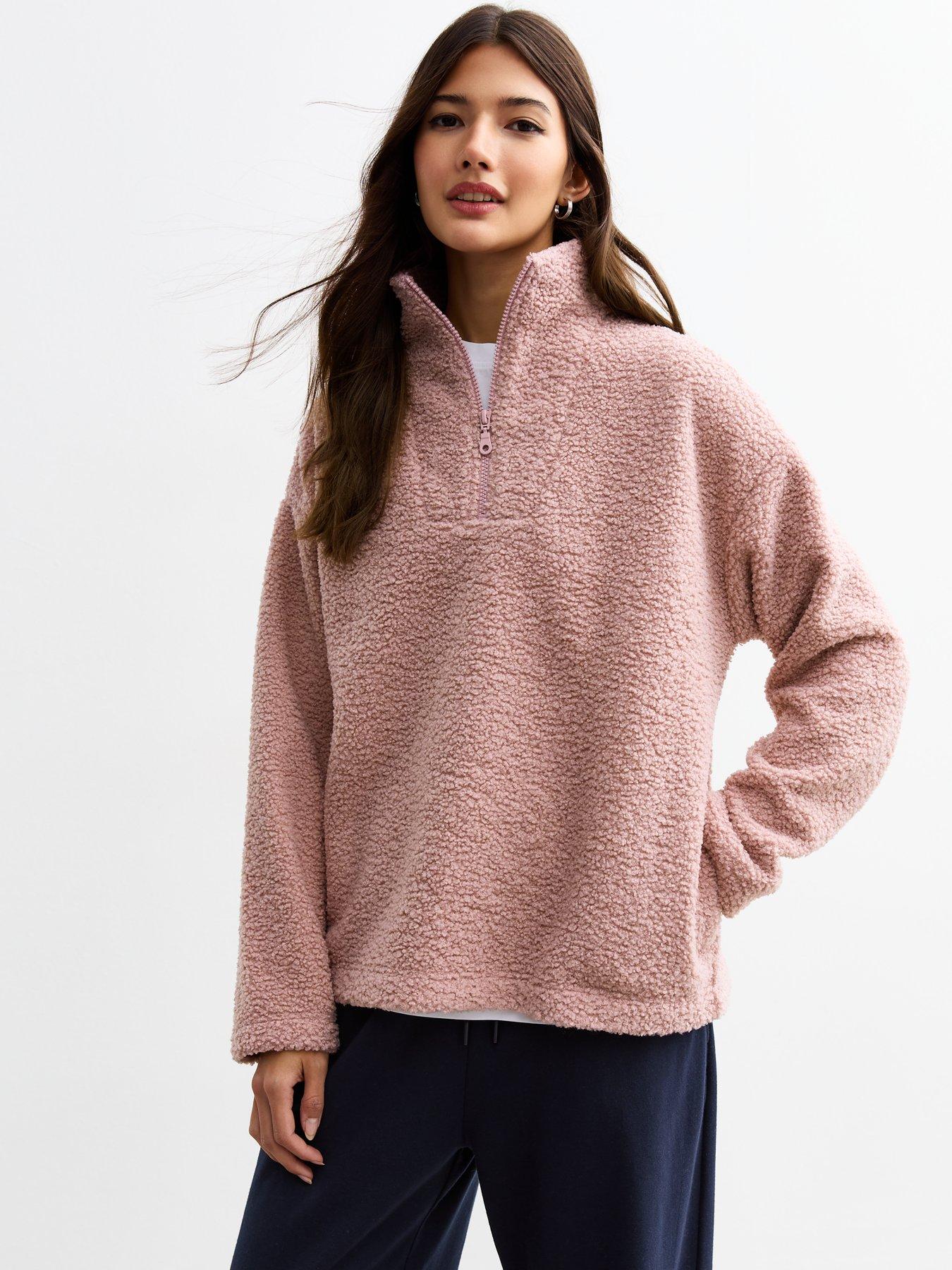 new-look-mid-pink-textured-borg-quarter-zip-sweatshirt