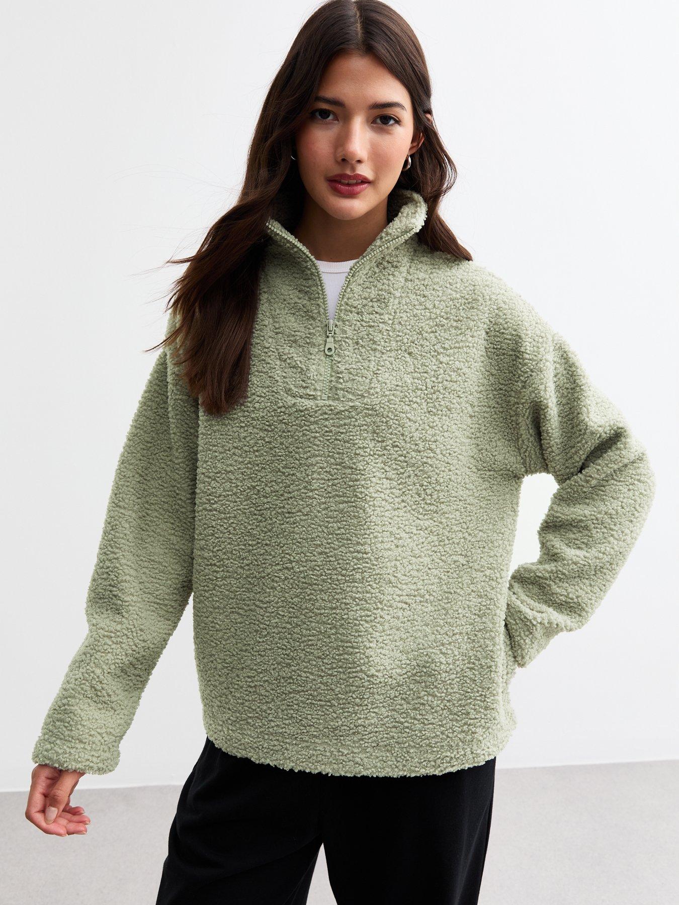 new-look-khaki-textured-borg-quarter-zip-sweatshirt-green