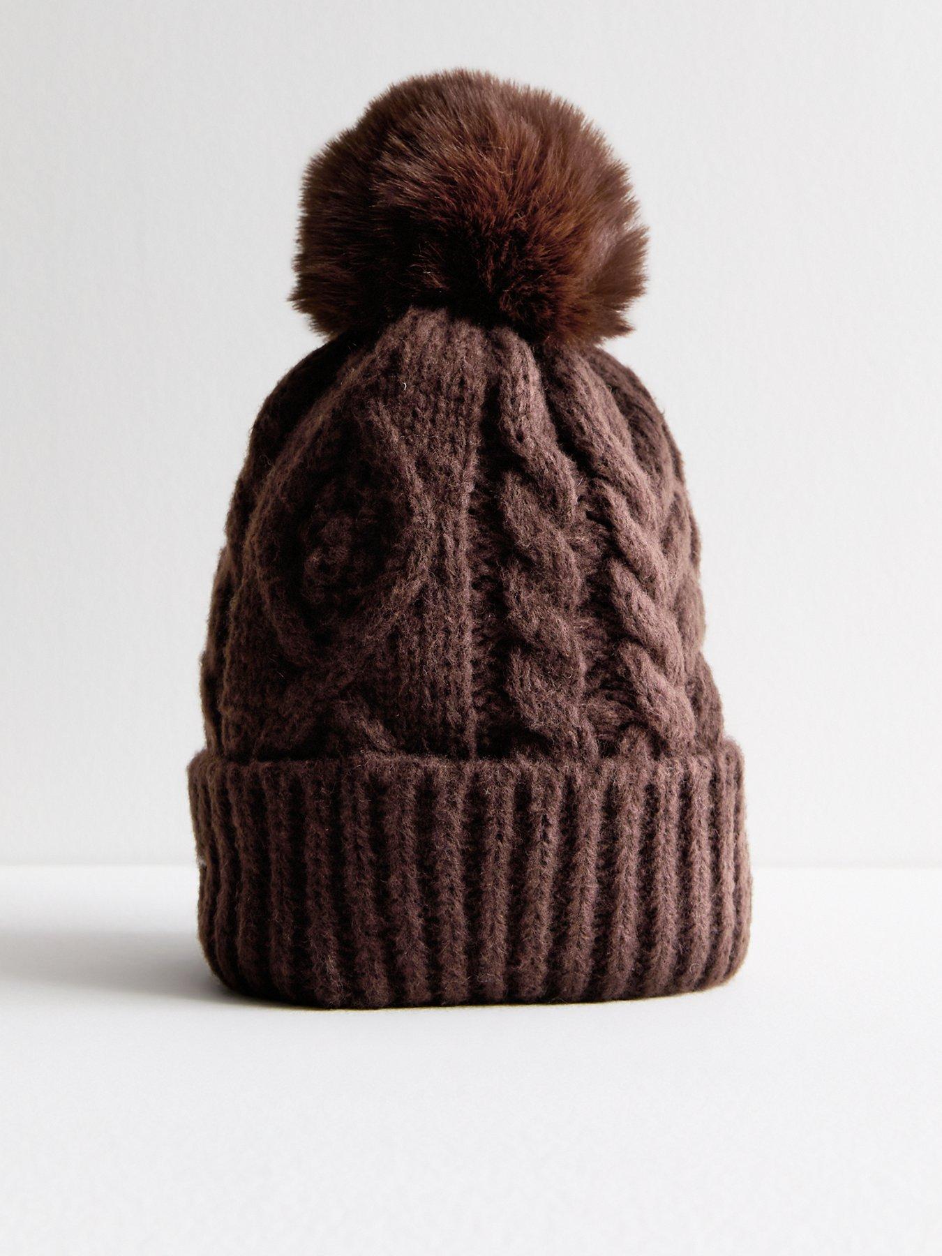 new-look-brown-faux-fur-pom-pom-bobble-hat