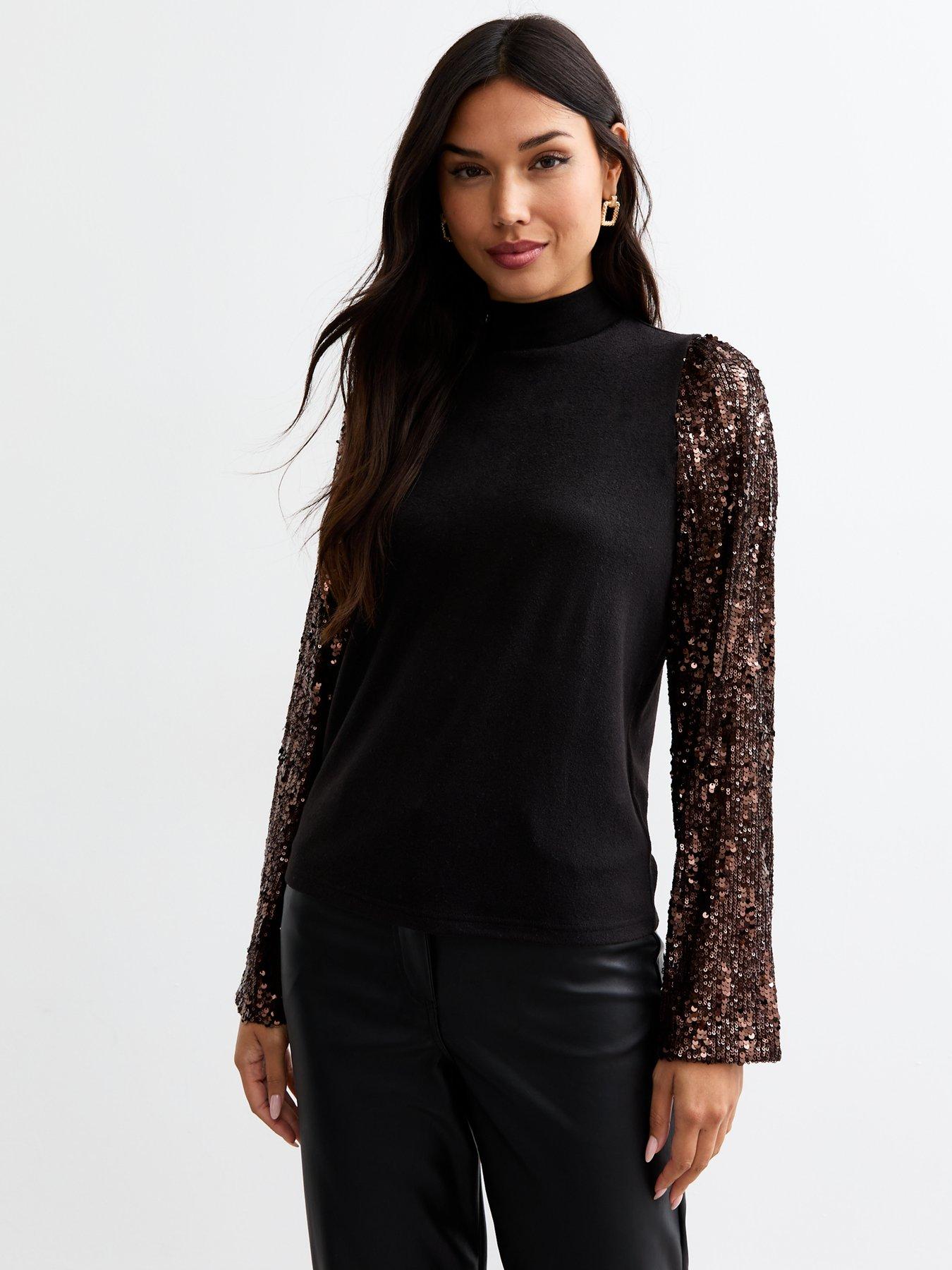 new-look-bronze-sequin-sleeve-knitted-top-brown