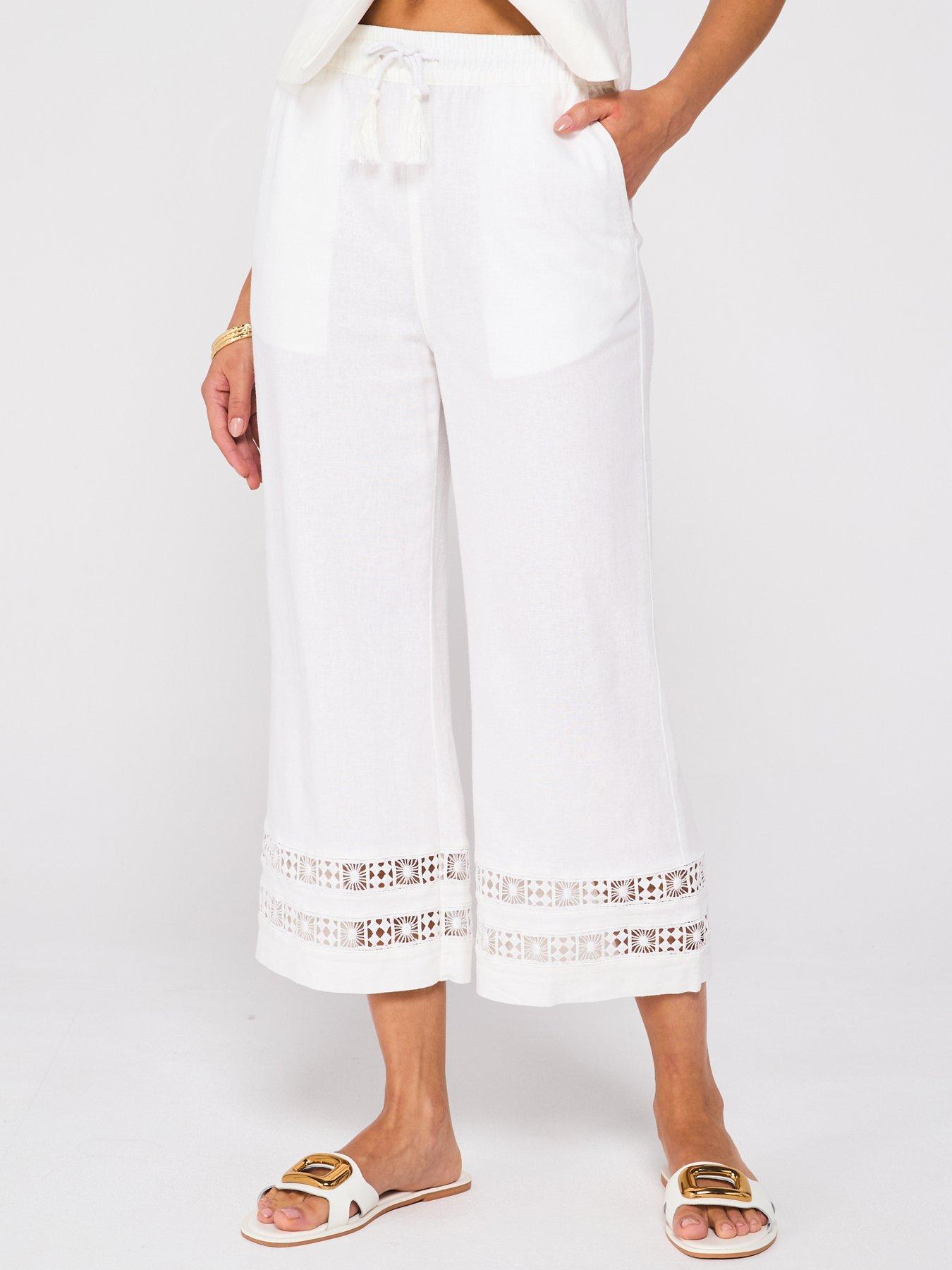 Image 1 of 6 of V by Very Linen Blend Crop Trousers With Lace Trim Hem - White