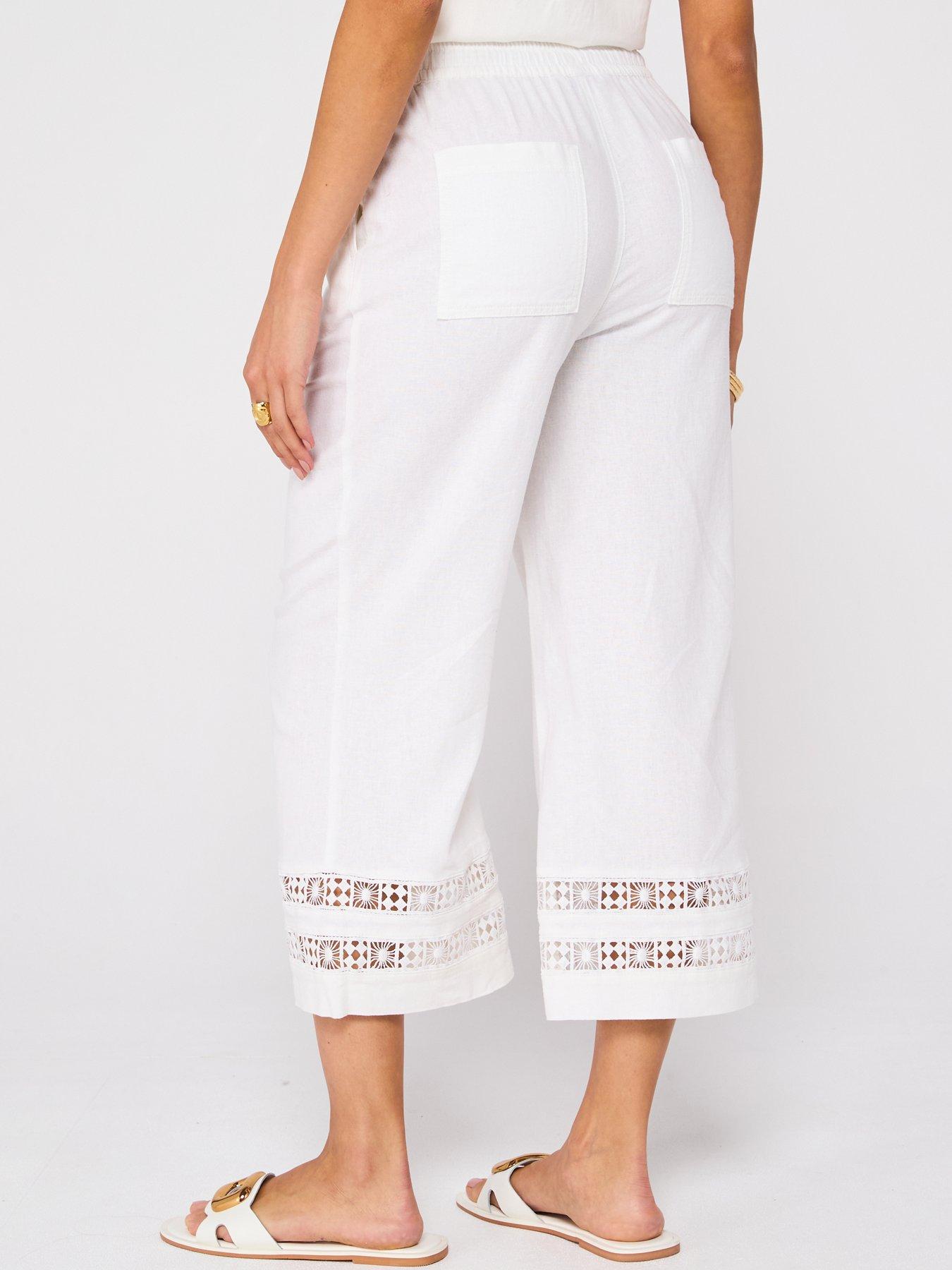 Image 2 of 6 of V by Very Linen Blend Crop Trousers With Lace Trim Hem - White